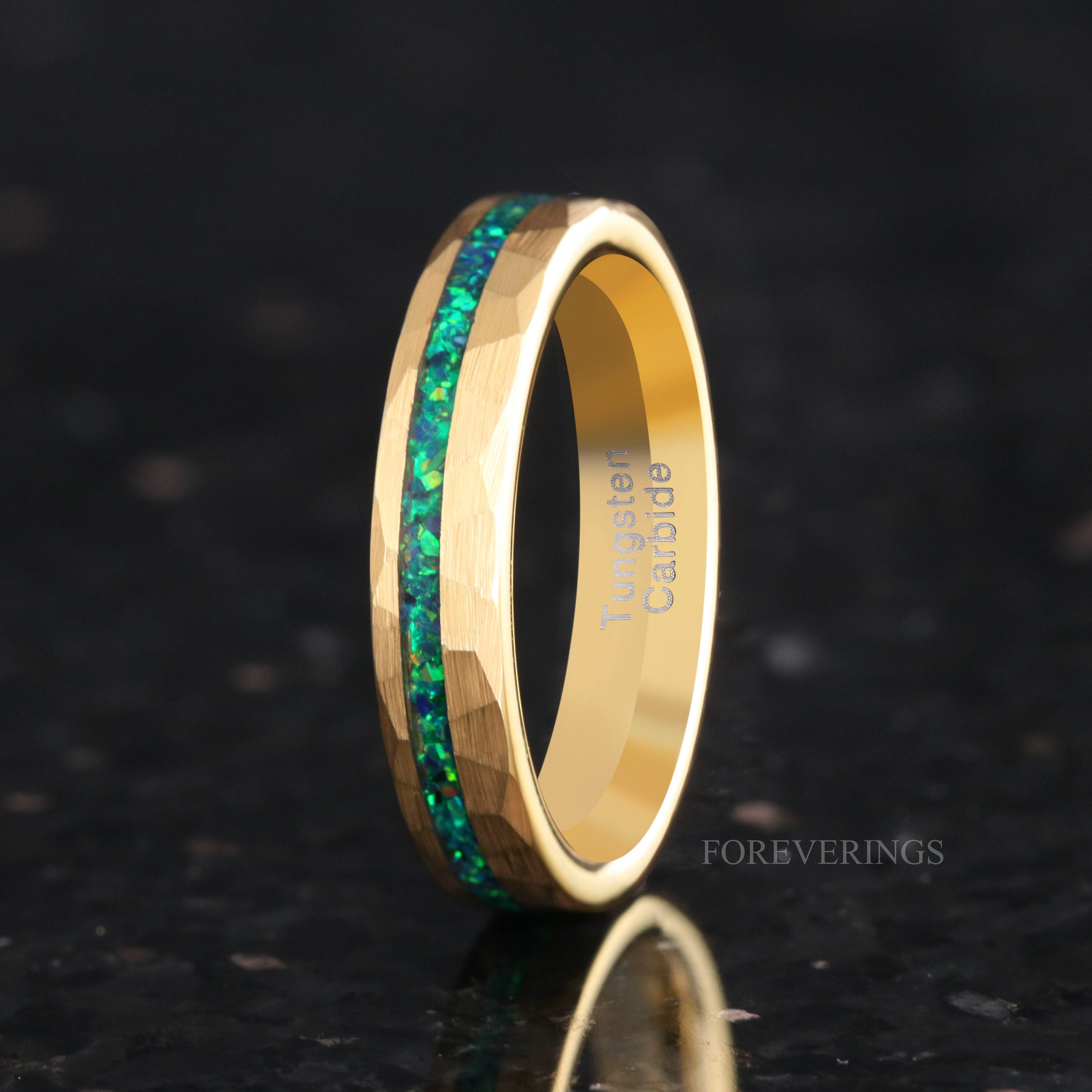 Gold Emerald Opal Ring, Gold Wedding Band, Hammered, 4mm Women Men Ring, Green Fire Opal Band, Brushed, Flat, Gold Tungsten Ring, Engraving