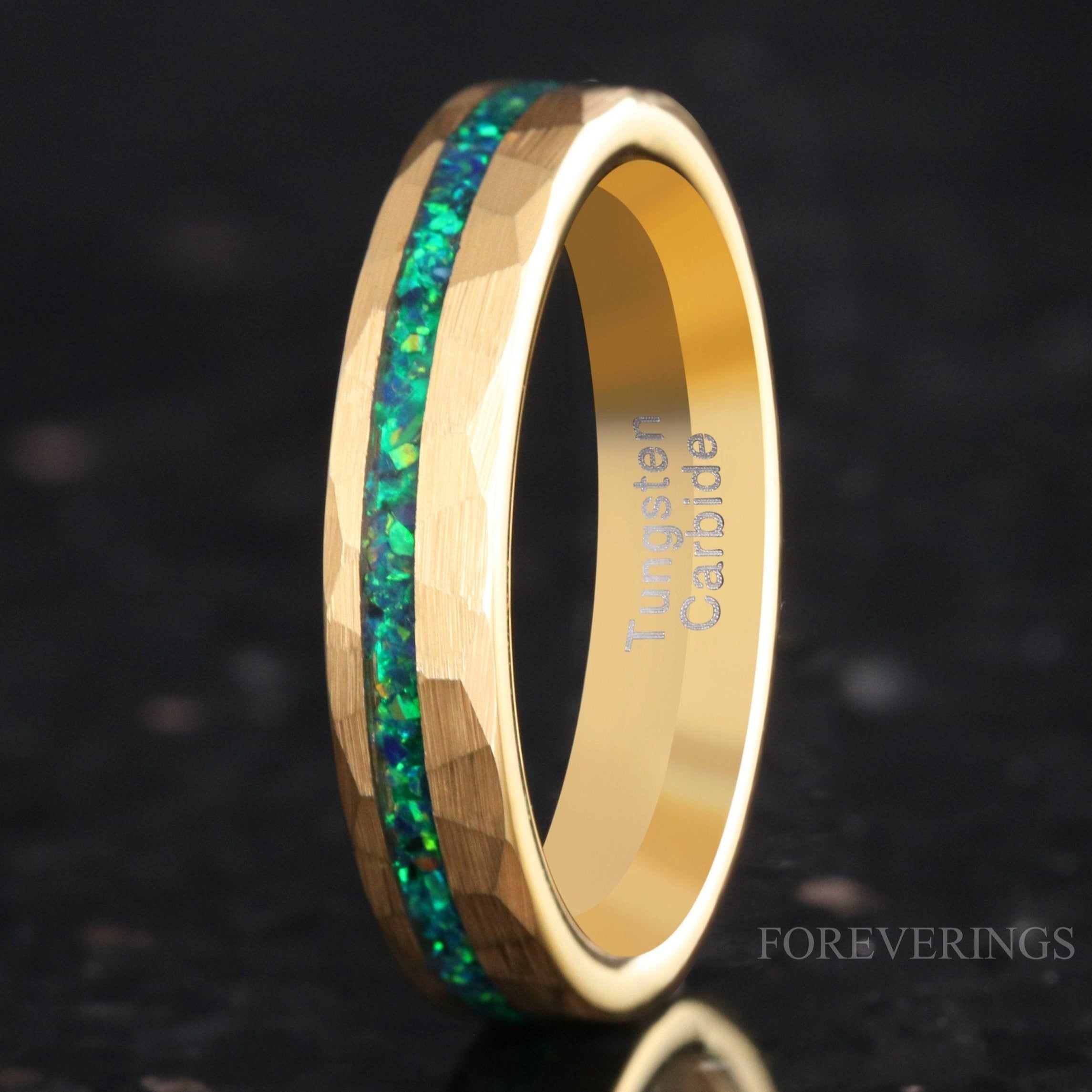 Gold Emerald Opal Ring, Gold Wedding Band, Hammered, 4mm Women Men Ring, Green Fire Opal Band, Brushed, Flat, Gold Tungsten Ring, Engraving