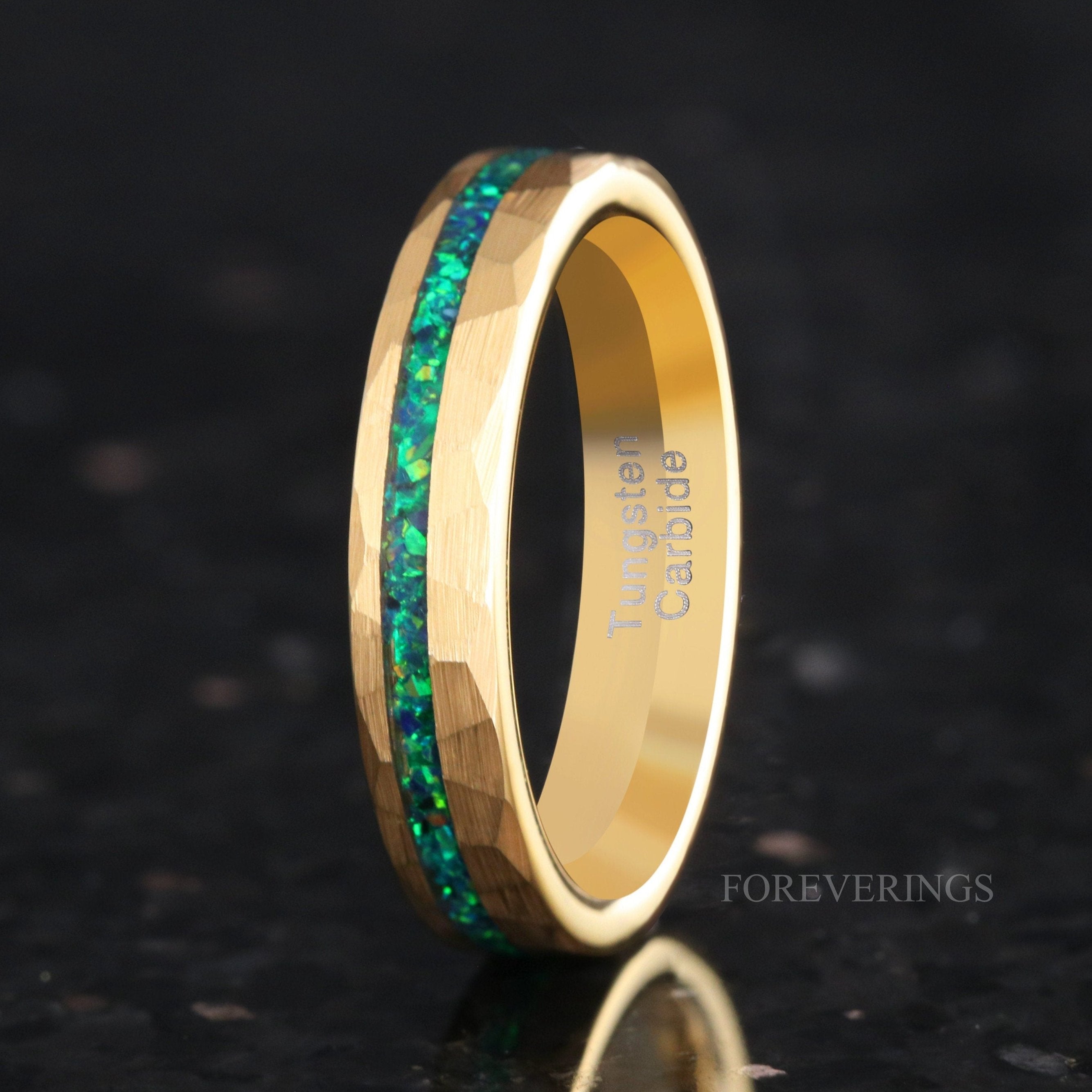 Gold Emerald Opal Ring, Gold Wedding Band, Hammered, 4mm Women Men Ring, Green Fire Opal Band, Brushed, Flat, Gold Tungsten Ring, Engraving