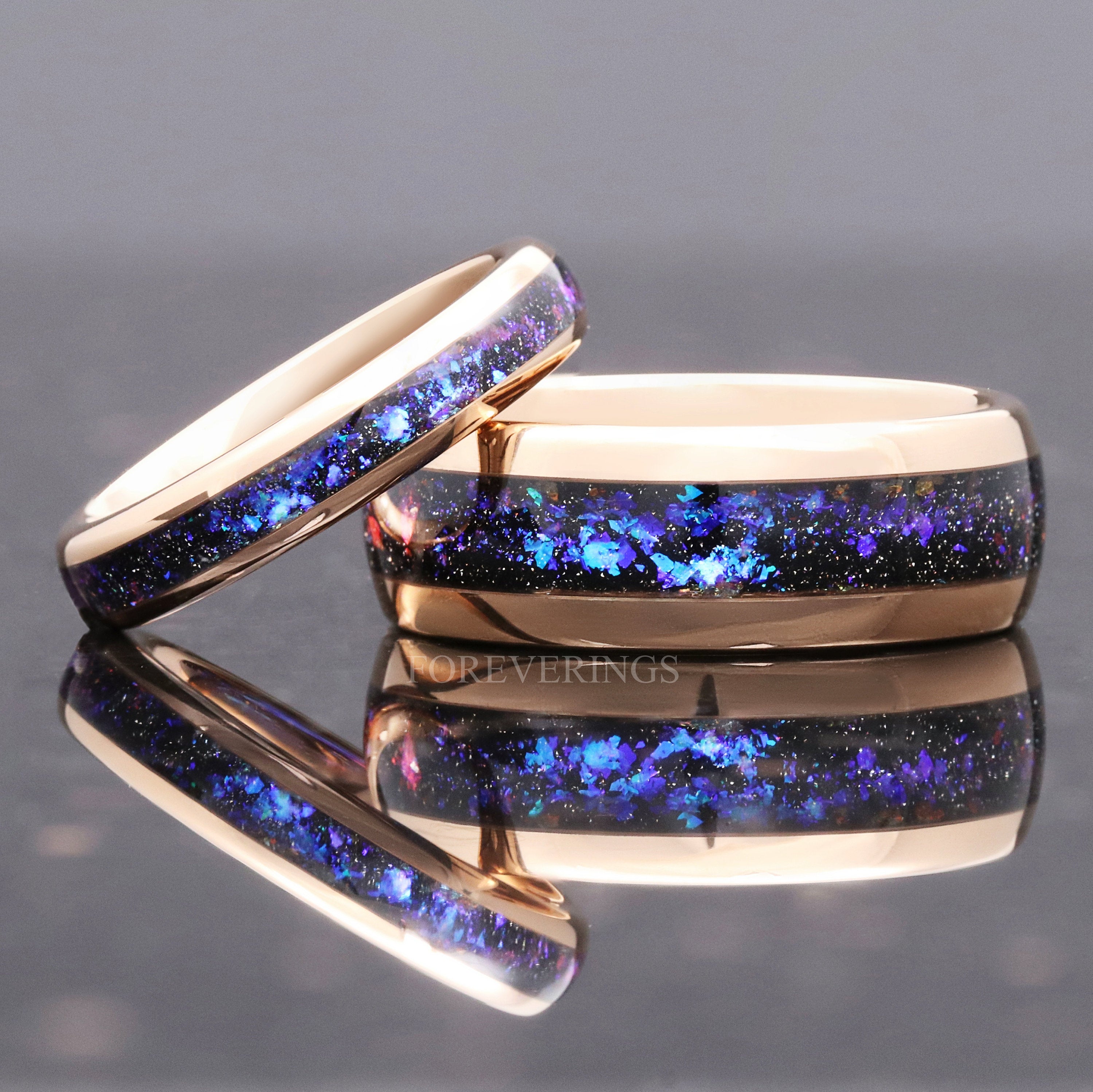 Orion Nebula Ring Set Rose Gold, His and Hers Wedding Band, 8mm & 4mm Tungsten Ring Set, Outer Space Couples Ring, Blue Nebula, Ring Engrave