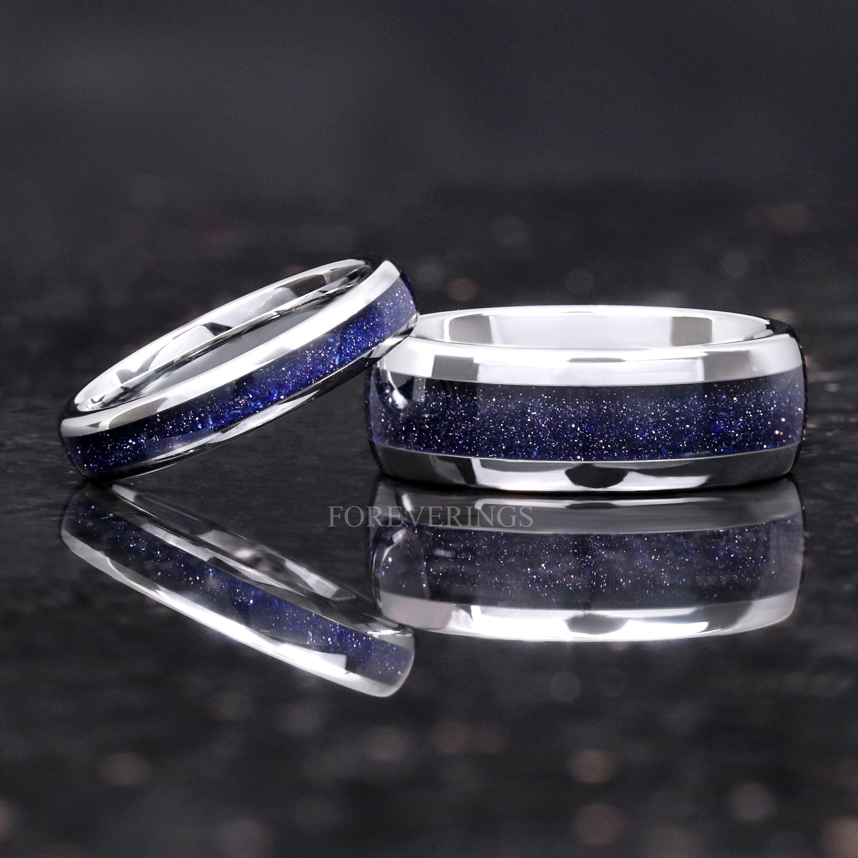 Great Rift Nebula Ring Set, His and Hers Tungsten Wedding Band, 8mm & 4mm Silver Ring, Outer Space Couples Ring, Polish, Dome, Sandstone