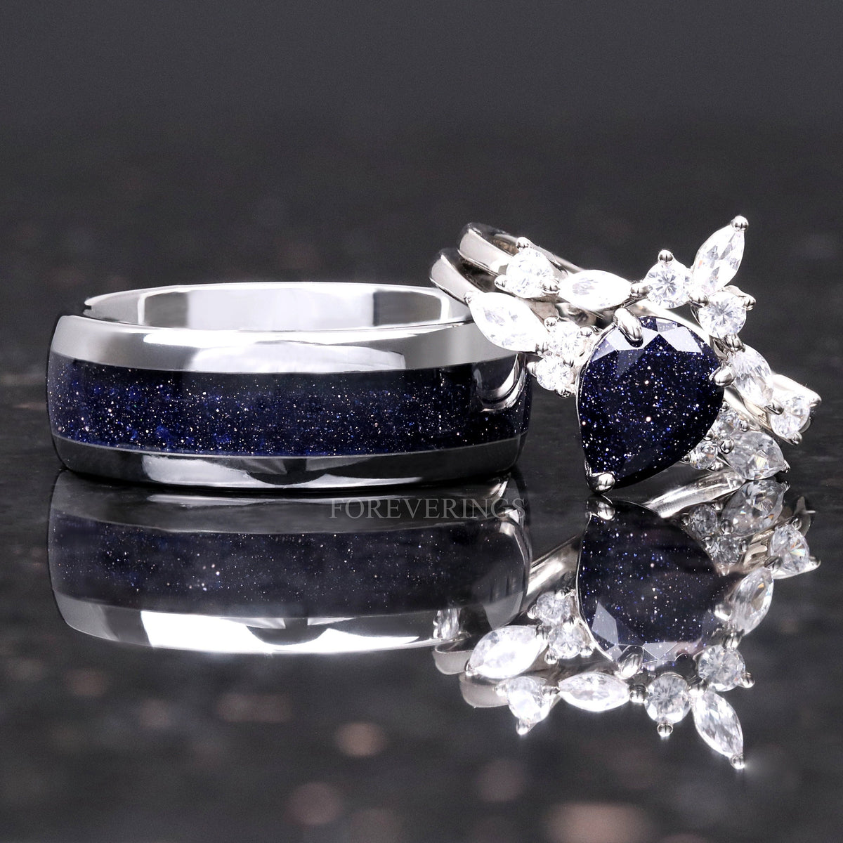 Great Rift Nebula Ring Set, His and Hers Wedding Band, Space Couples Ring, Silver Tungsten and 925 Sterling Silver Ring, Blue Sandstone Ring