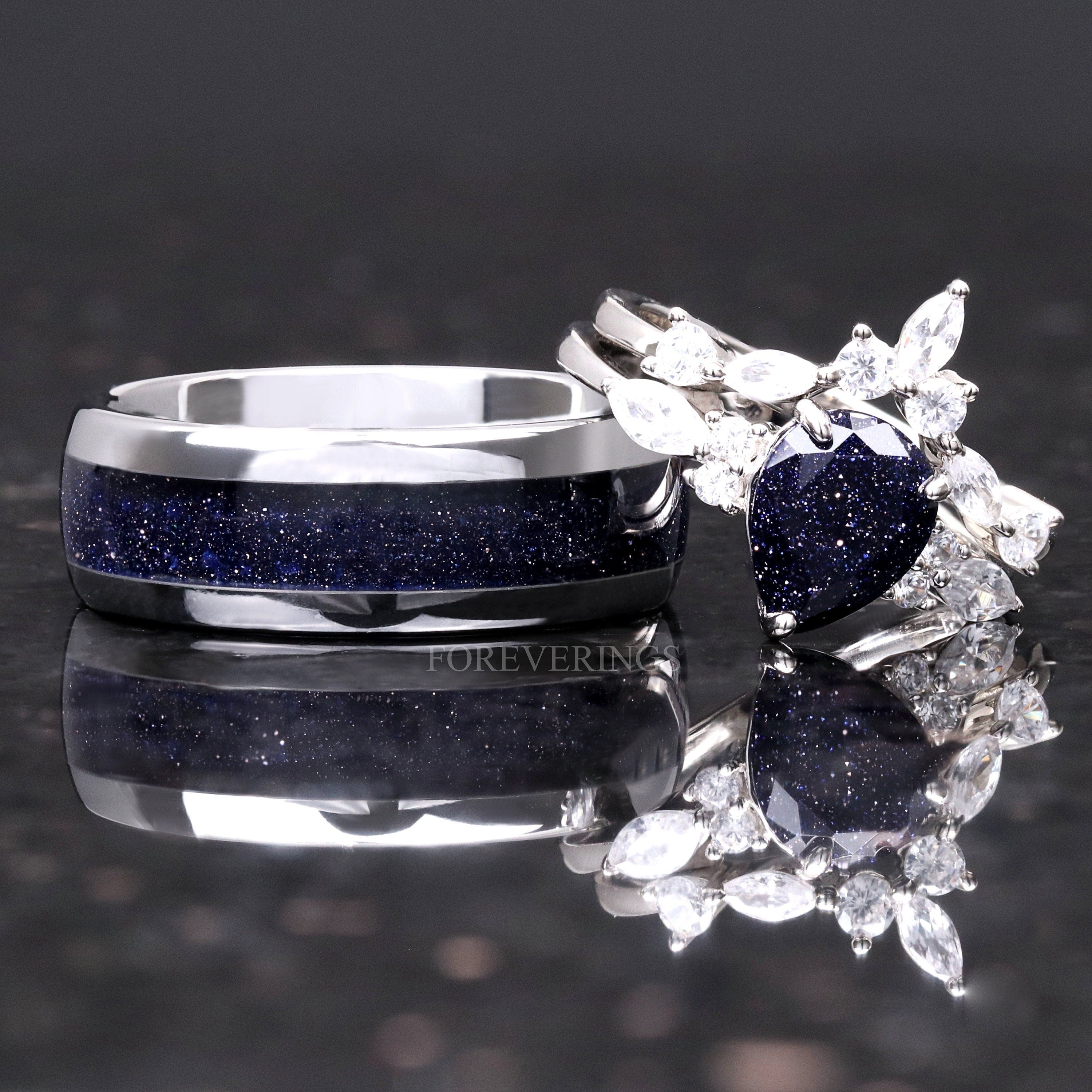 Great Rift Nebula Ring Set, His and Hers Wedding Band, Space Couples Ring, Silver Tungsten and 925 Sterling Silver Ring, Blue Sandstone Ring