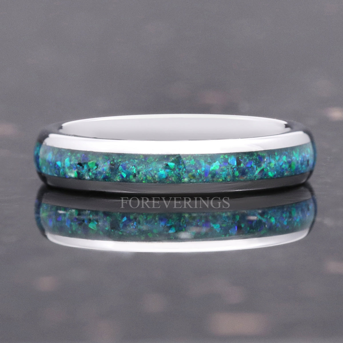 Emerald Opal Inlay Silver Tungsten Ring | Polished Dome Wedding Band