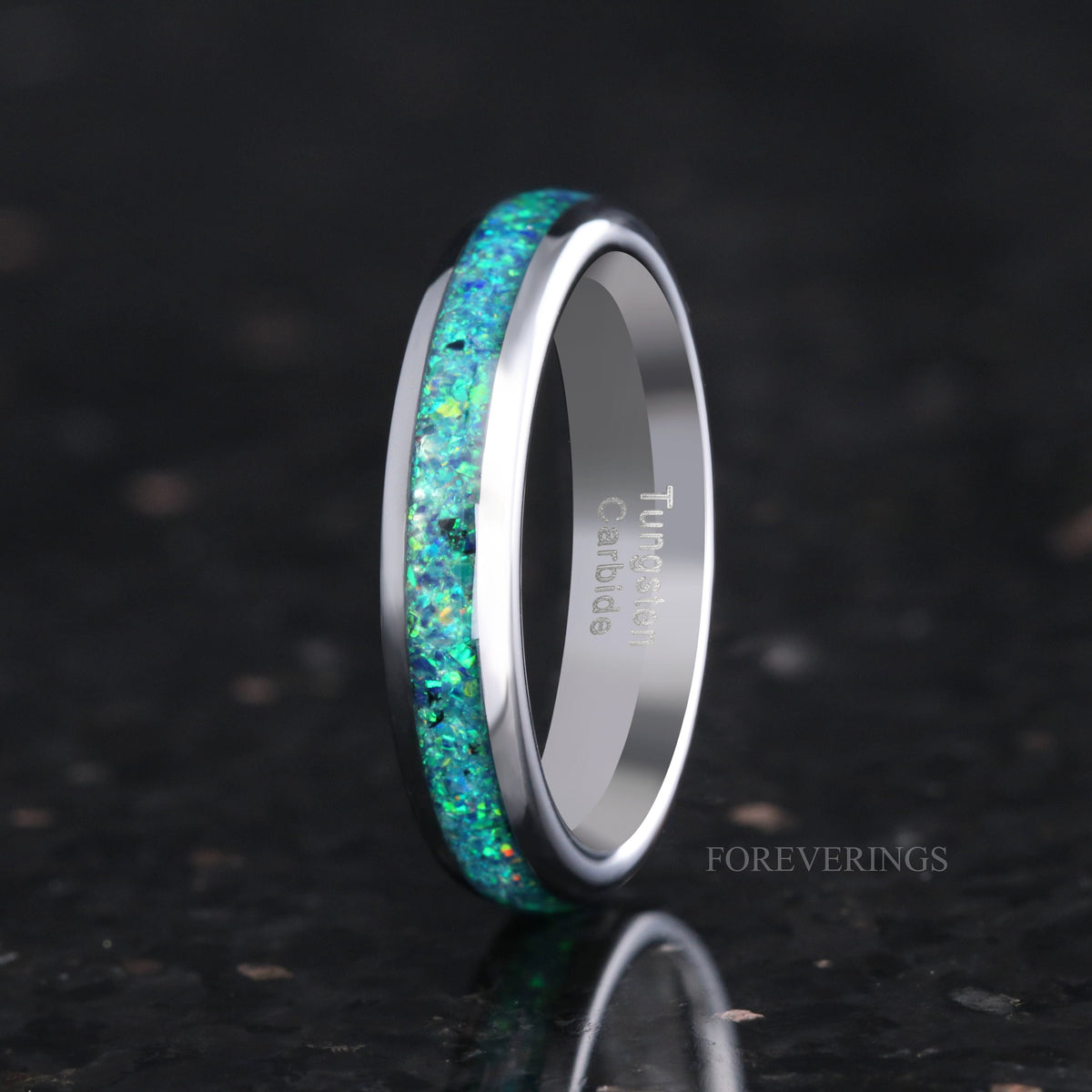 Emerald Opal Inlay Silver Tungsten Ring | Polished Dome Wedding Band
