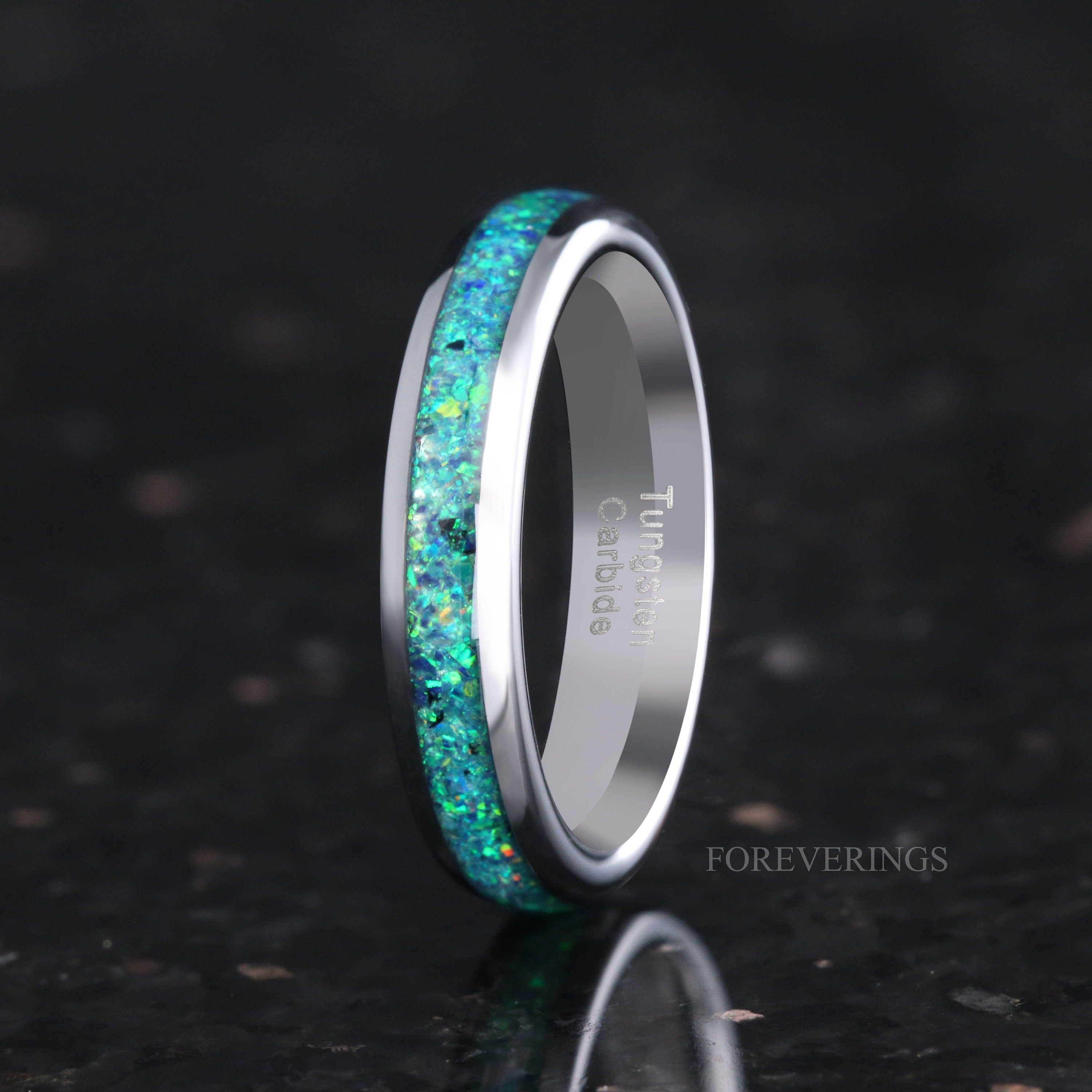 Emerald Coast Ring, 4mm Tungsten Wedding Band, Black Emerald Opal Ring, Silver Tungsten Ring, Polish, Dome, Comfort Fit, Anniversary Gift