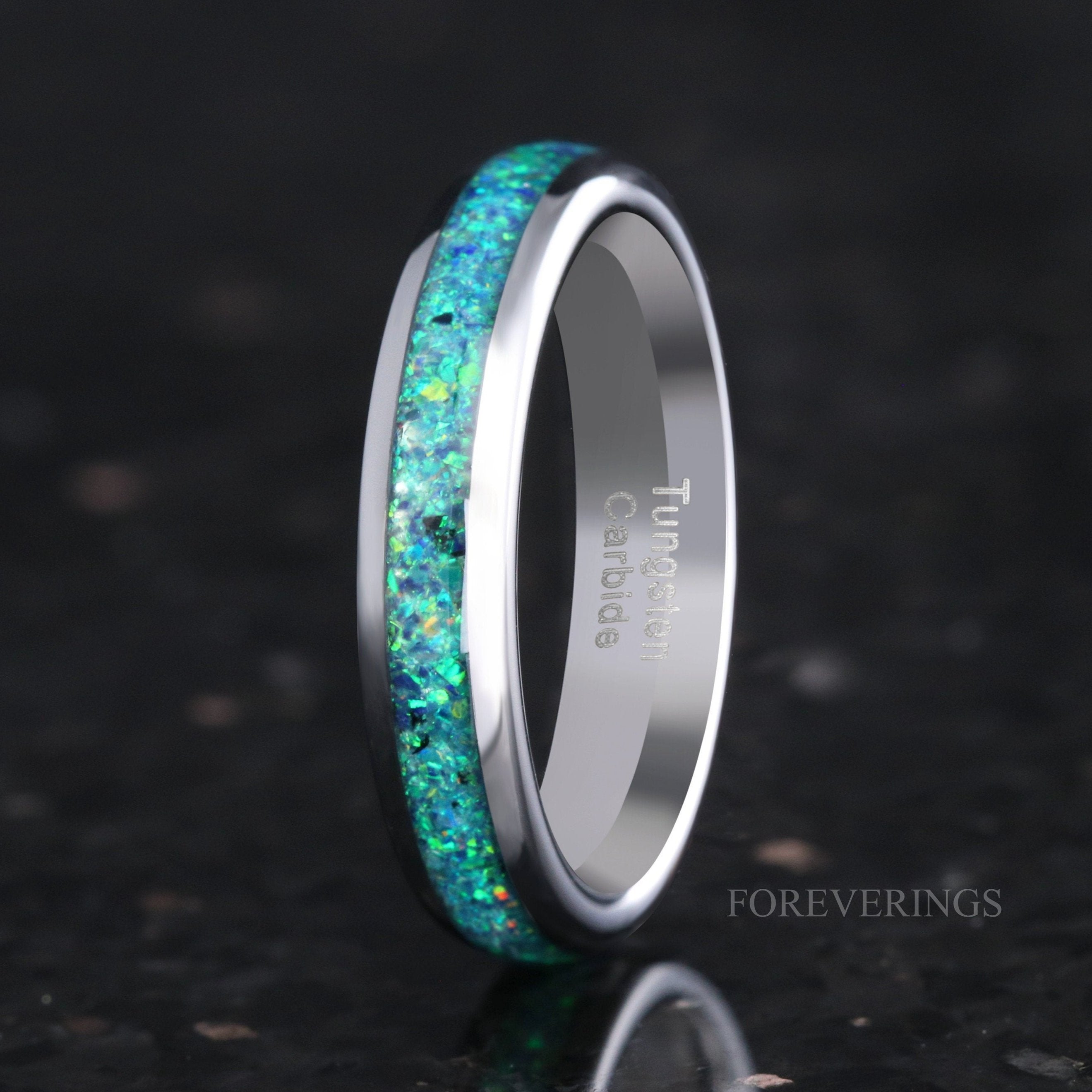 Emerald Coast Ring, 4mm Tungsten Wedding Band, Black Emerald Opal Ring, Silver Tungsten Ring, Polish, Dome, Comfort Fit, Anniversary Gift