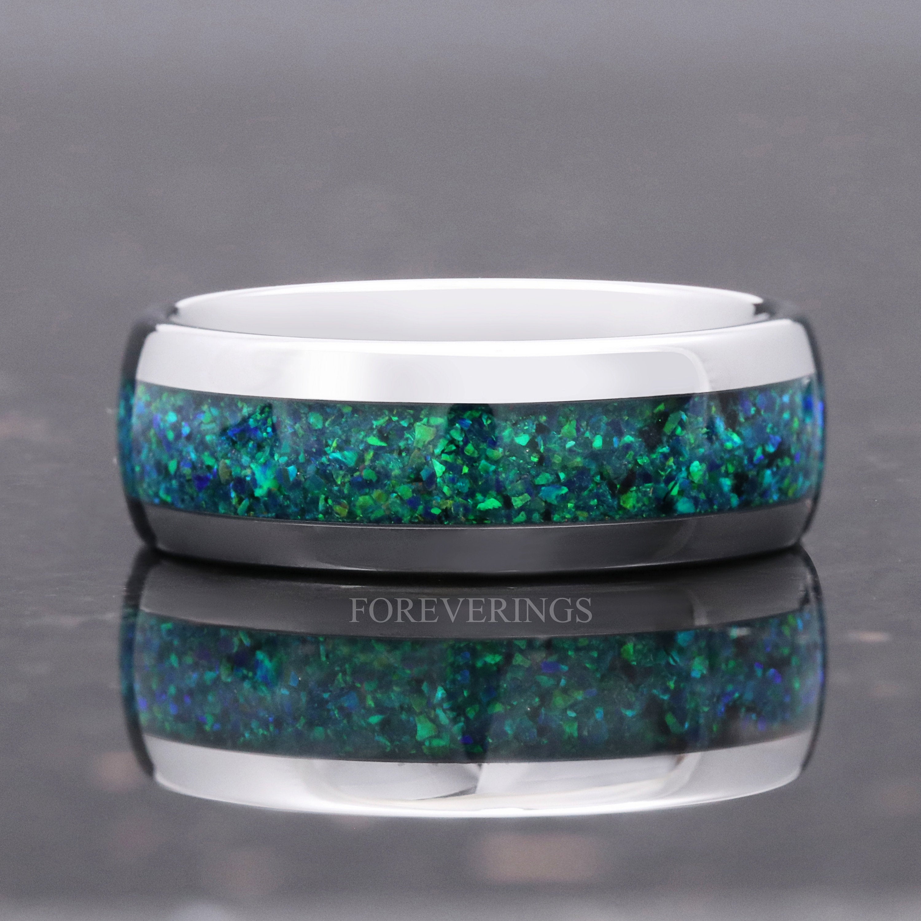 Emerald Coast Ring, 8mm Tungsten Wedding Band, Black Emerald Opal Ring, Silver Tungsten Ring, Polish, Dome, Comfort Fit, Gift for Him