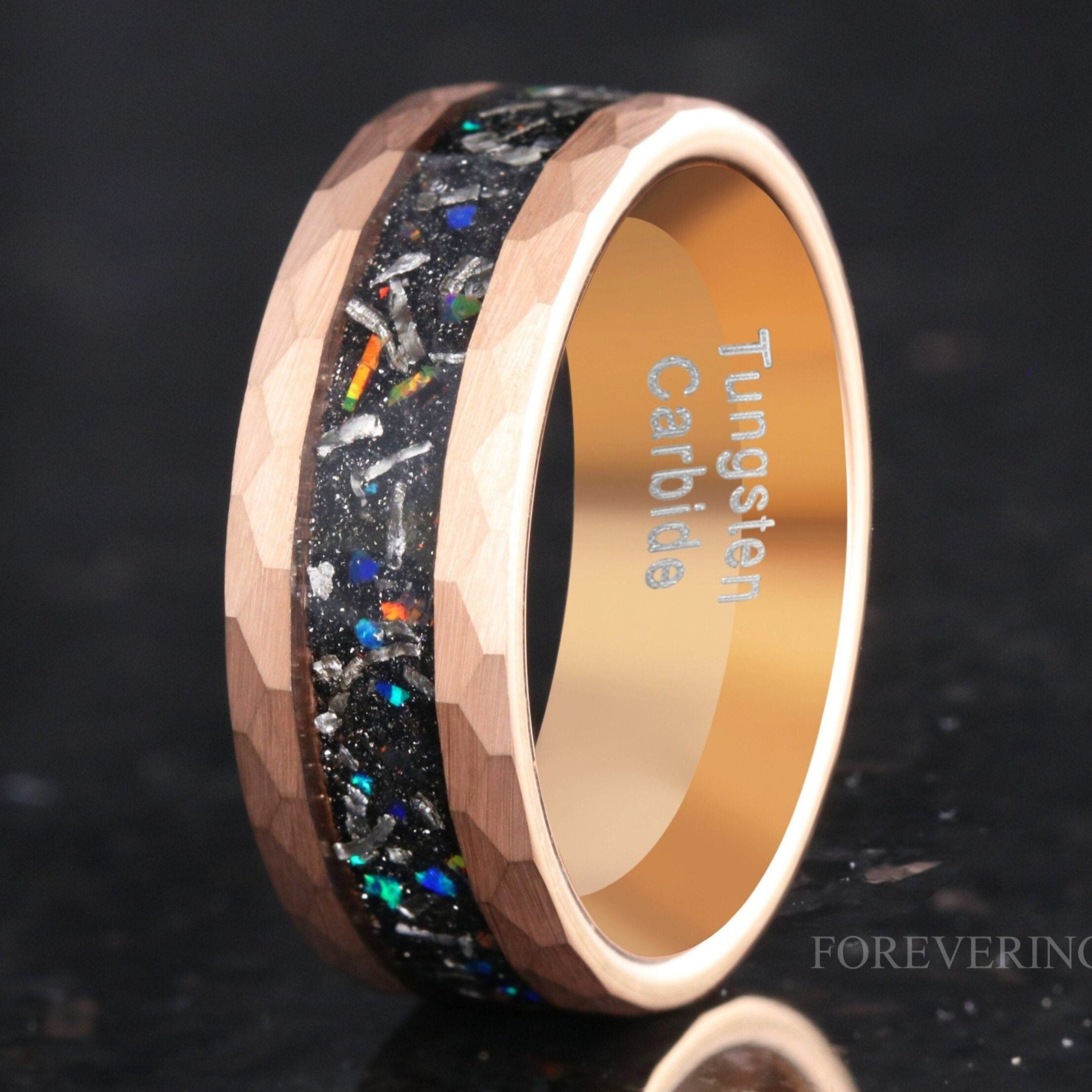 Rose Gold Meteorite Opal Ring, Mens Wedding Band, Hammered Tungsten Ring, Galaxy Ring, Authentic Meteorite Ring Men, Opal Band, Engraving