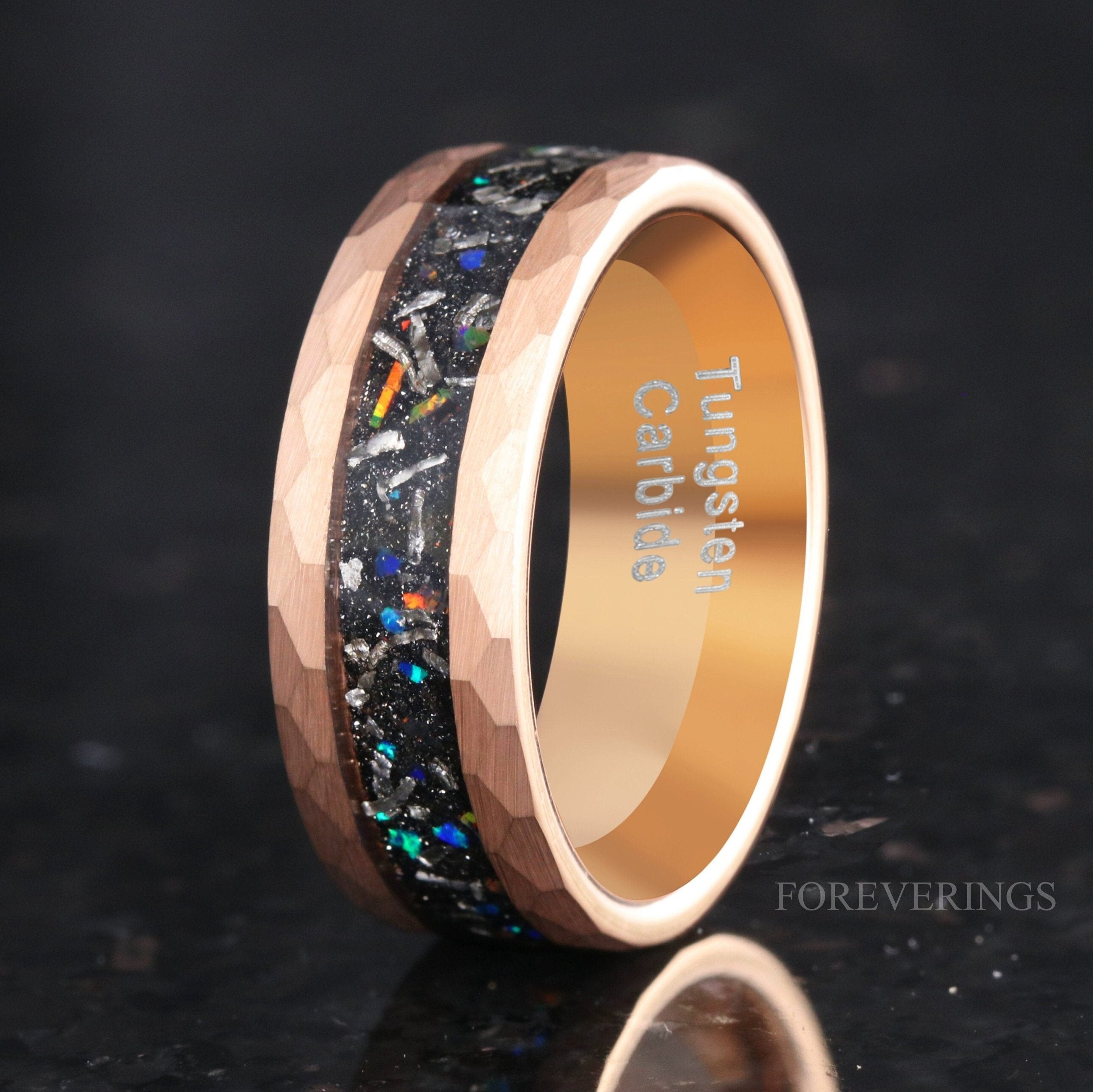 Rose Gold Meteorite Opal Ring, Mens Wedding Band, Hammered Tungsten Ring, Galaxy Ring, Authentic Meteorite Ring Men, Opal Band, Engraving