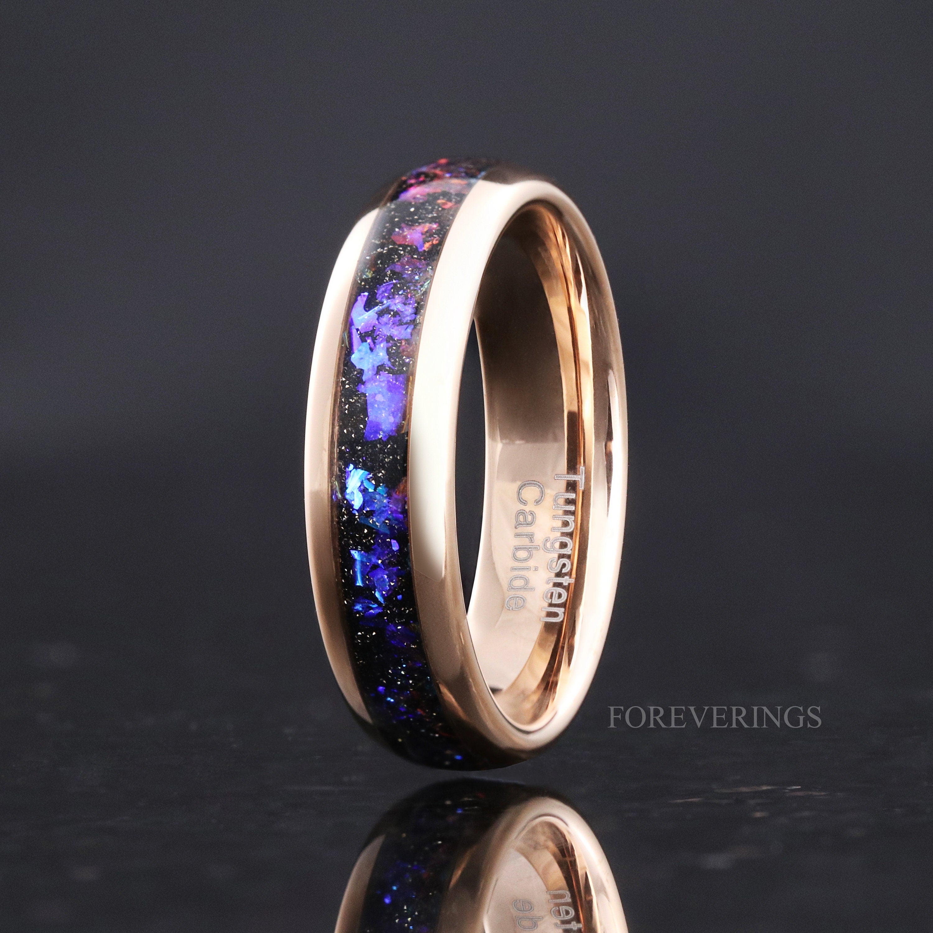 Orion Nebula Ring Set Rose Gold, His and Hers Wedding Band, 6mm & 4mm Tungsten Ring Set, Outer Space Couples Ring, Blue Nebula, Ring Engrave