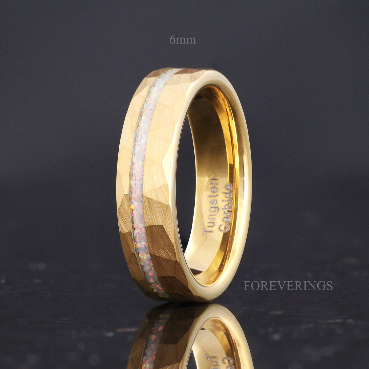 Mens Fire Opal Wedding Band | Hammered Gold Tungsten Ring