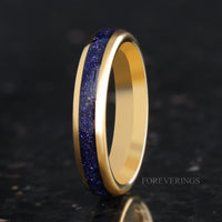Great Rift Nebula Gold Tungsten Ring Set, His and Hers Wedding Band, 8mm & 4mm Ring, Outer Space Couples Ring, Dome, Blue Sandstone Ring Set