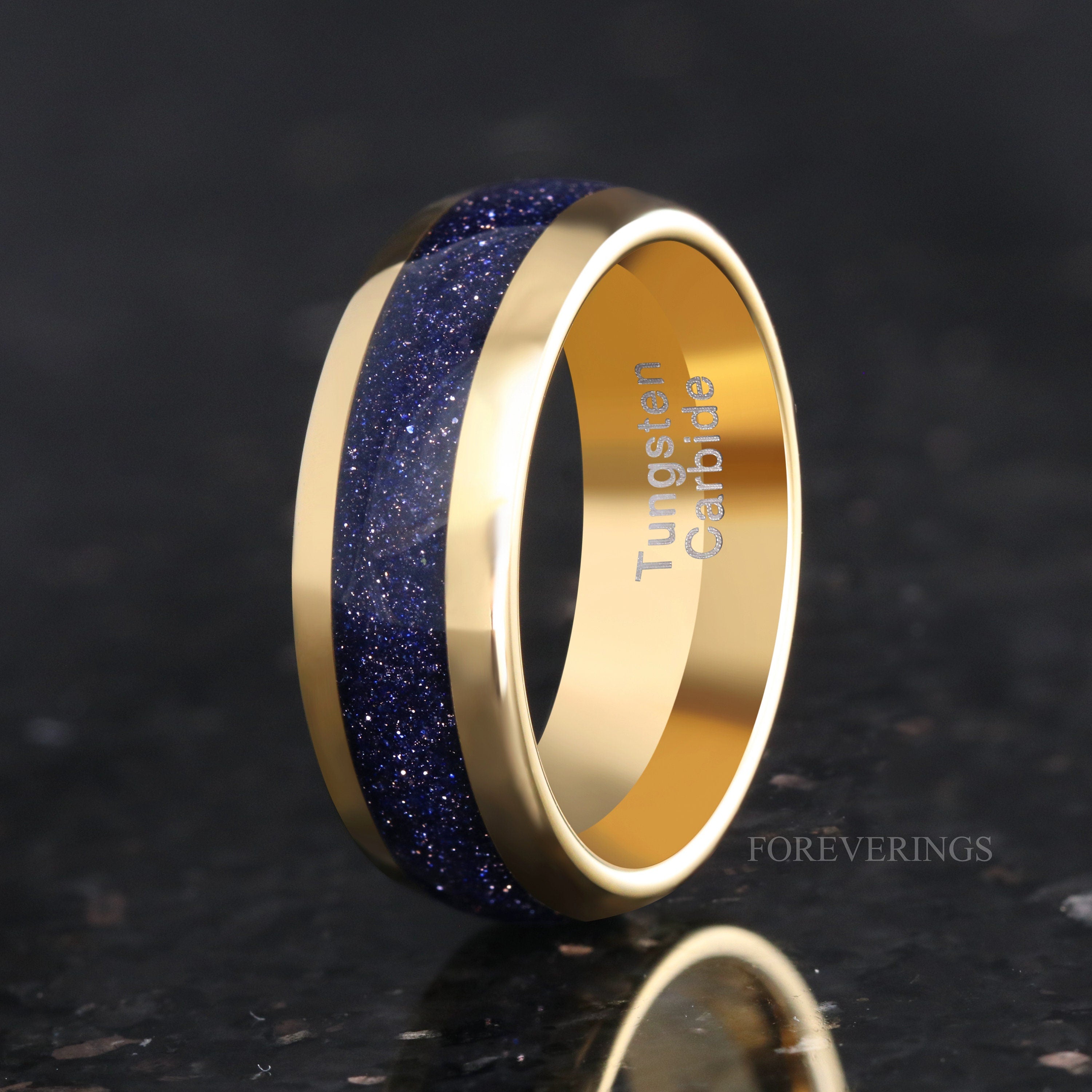 Great Rift Nebula Gold Tungsten Ring Set, His and Hers Wedding Band, 8mm & 4mm Ring, Outer Space Couples Ring, Dome, Blue Sandstone Ring Set