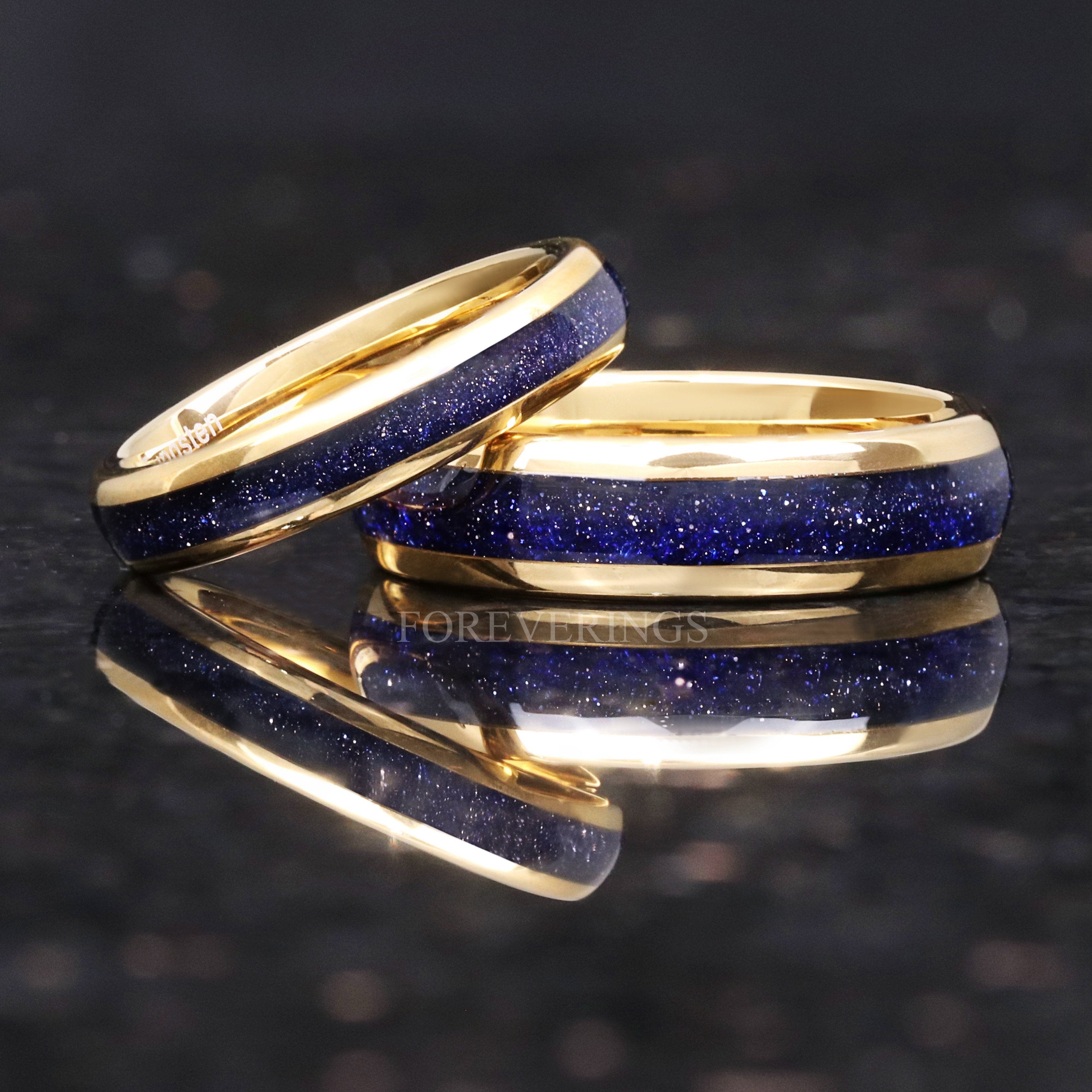 Great Rift Nebula Gold Ring Set, His and Hers Tungsten Wedding Band, 6mm & 4mm Band, Outer Space Couples Ring, Dome, Blue Sandstone Ring