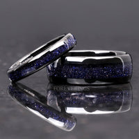 Great Rift Nebula Ring Set, His and Hers Tungsten Wedding Band, 8mm & 4mm Black Ring, Outer Space Couples Ring, Polish, Dome, Blue Sandstone