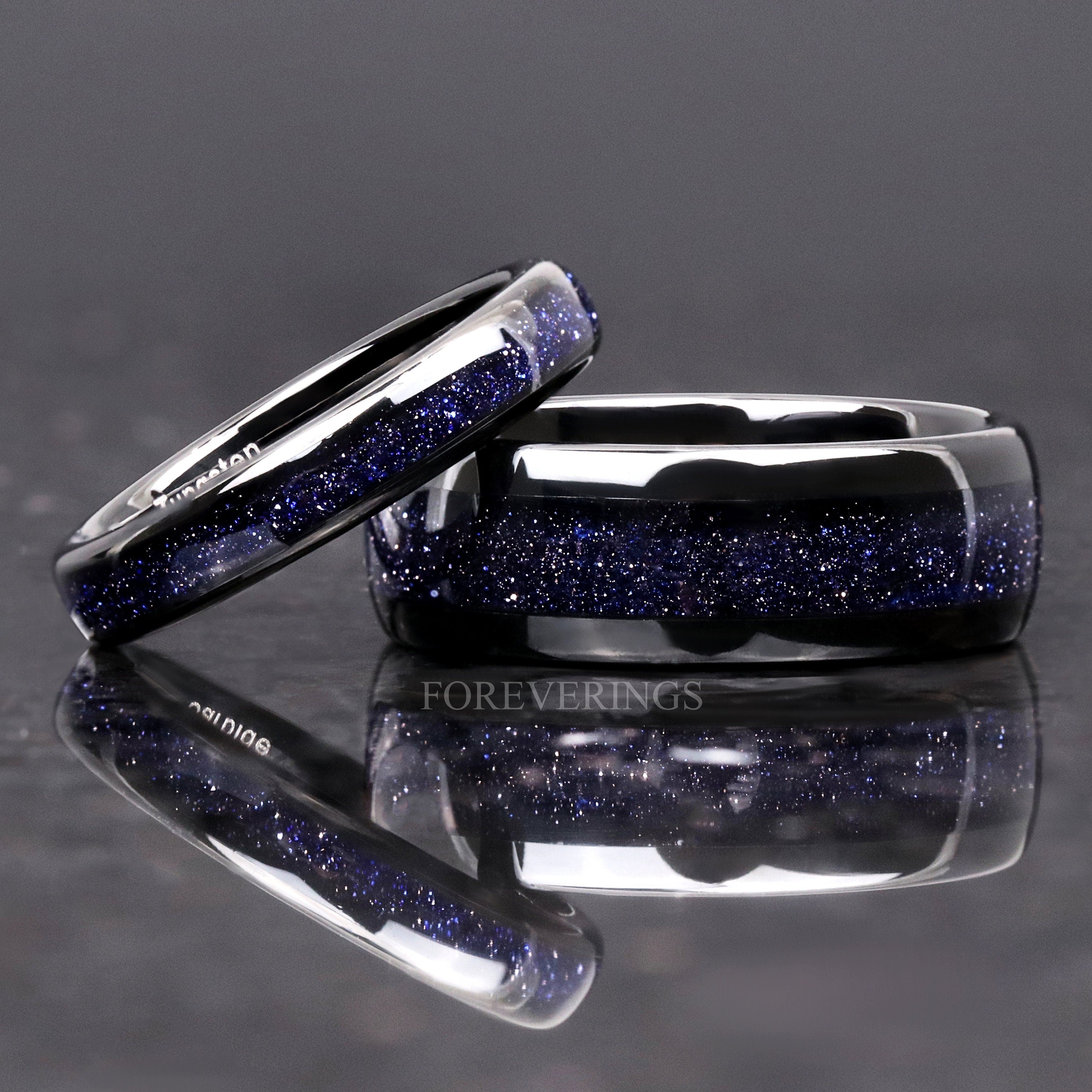 Great Rift Nebula Ring Set, His and Hers Tungsten Wedding Band, 8mm & 4mm Black Ring, Outer Space Couples Ring, Polish, Dome, Blue Sandstone