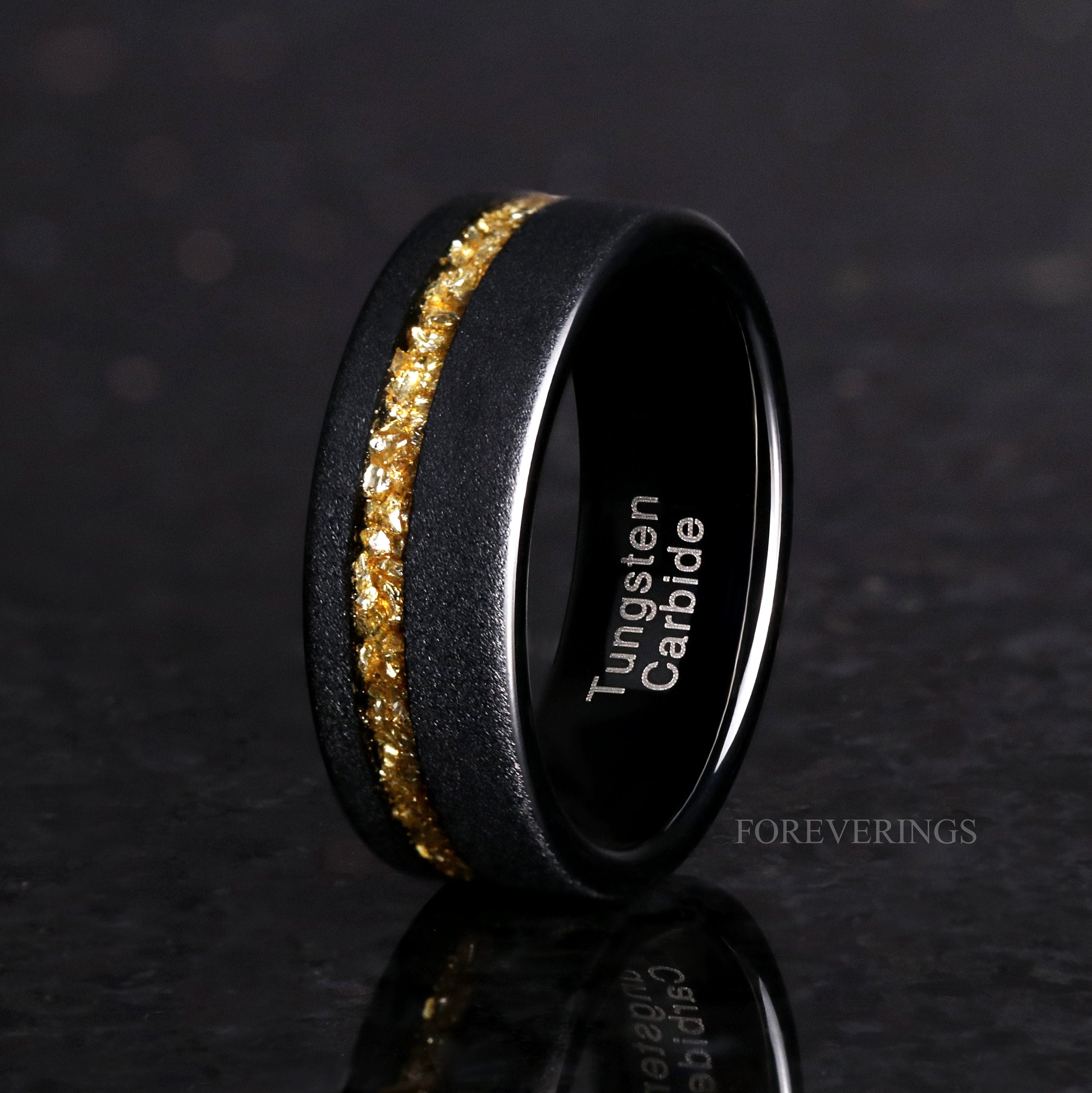 Crushed Citrine Ring, Men Wedding Band, Black Tungsten Ring, Citrine Ring for Him, Sandblasted, Flat, November Birthstone, Ring Engraving