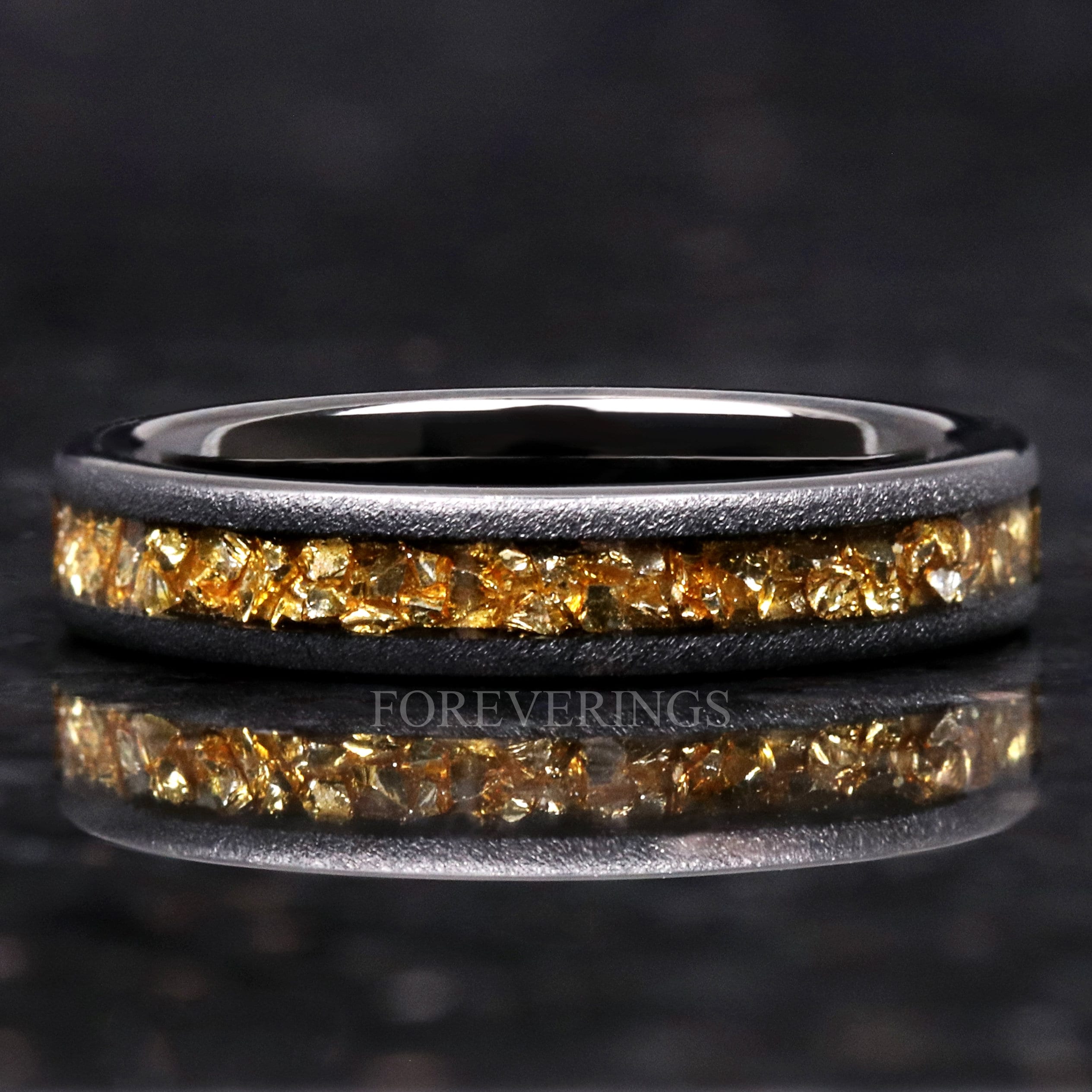 4mm Tungsten Wedding Band, Crushed Citrine Glass Stones, Black Ring, Citrine Ring, Women Men Ring, Sandblasted, Flat, Comfort Fit