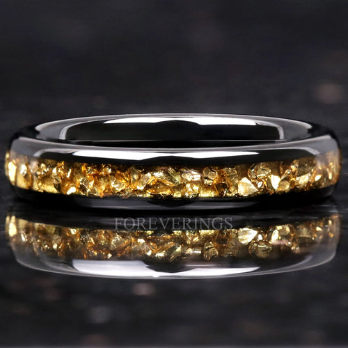 4mm black tungsten wedding band with crushed citrine inlay, front view with reflection