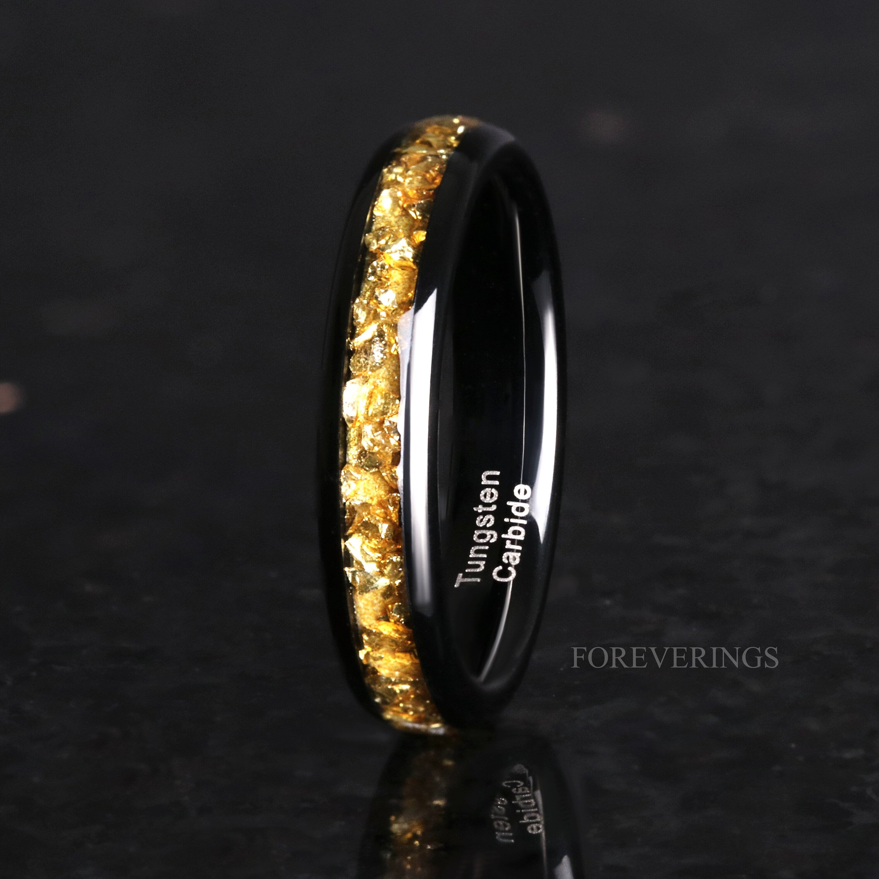 4mm Tungsten Wedding Band, Crushed Citrine Glass Stones, Black Ring, Citrine Ring, Women Men Ring, Dome, Polished, Comfort Fit