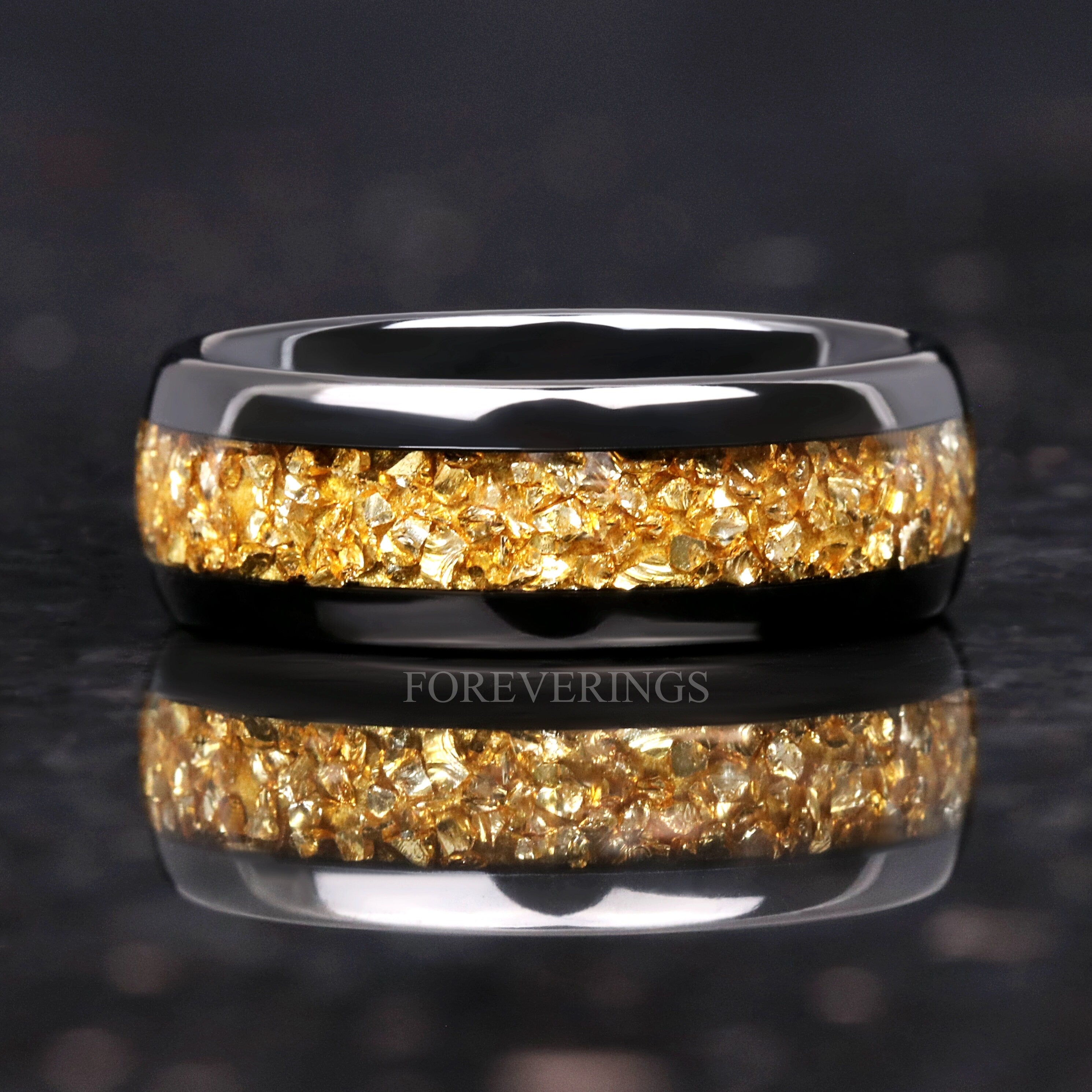 8mm Men Tungsten Wedding Band, Crushed Citrine Glass Stones, Black Tungsten Ring, Citrine Ring, Polished, Dome, Comfort Fit