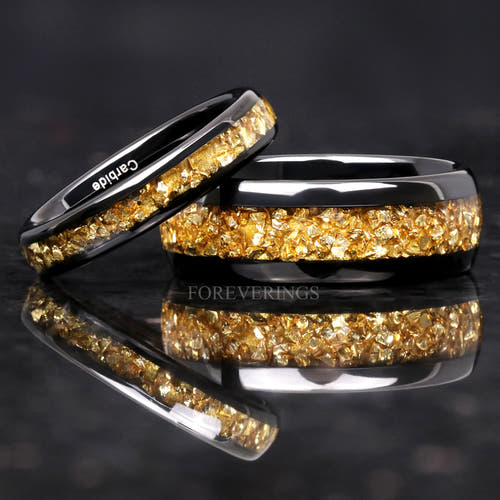 Matching black tungsten couples ring set with crushed citrine inlay, 8mm and 4mm