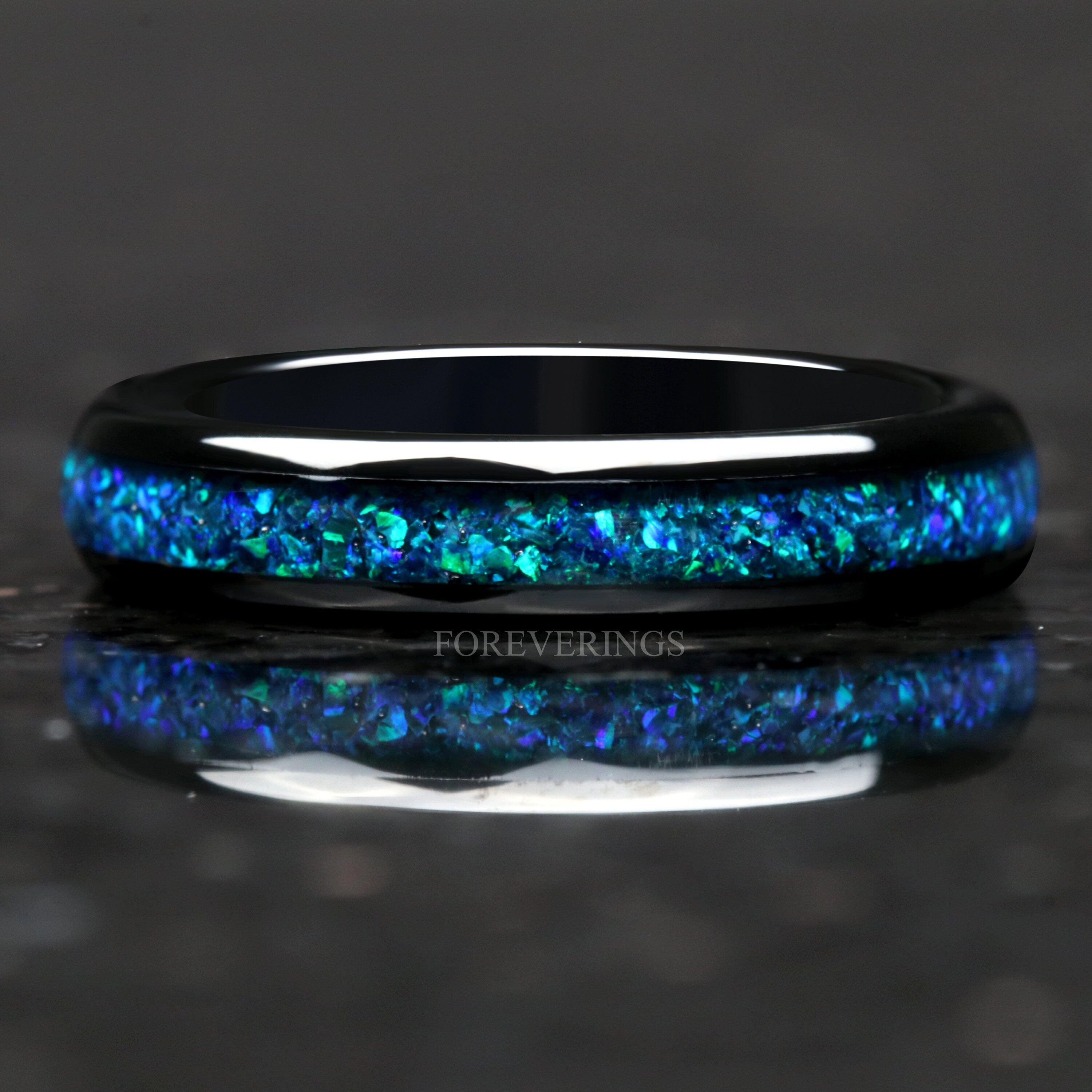 Emerald Coast Ring, 4mm Tungsten Wedding Band, Women Men Ring, Black Ring, Black Emerald Opal Ring, Dome, Polish, Comfort Fit