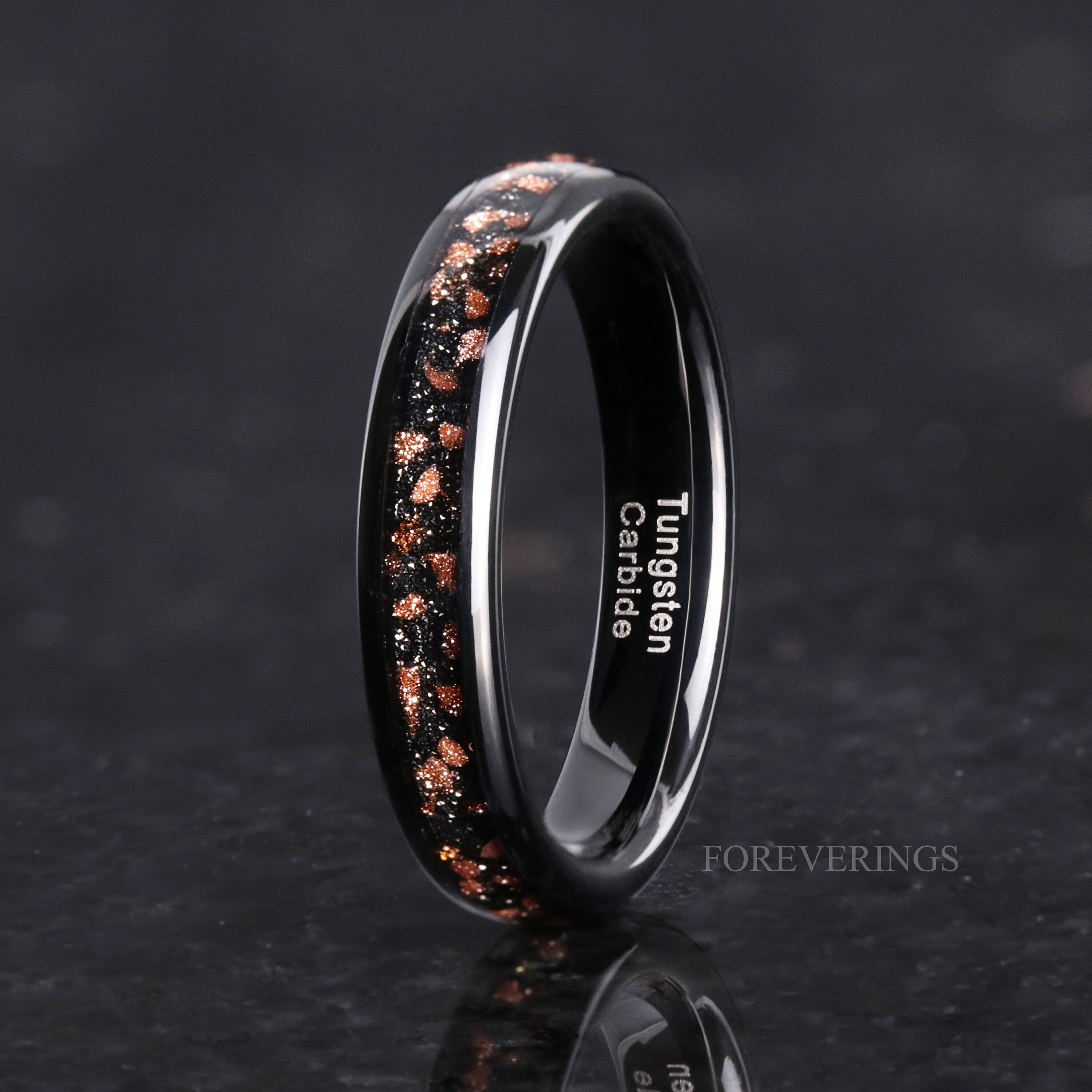 Red Goldstone Nebula Ring Set, His and Her Tungsten Wedding Band, 8mm & 4mm Black Ring, Outer Space Couples Ring, Polish, Dome, Comfort Fit