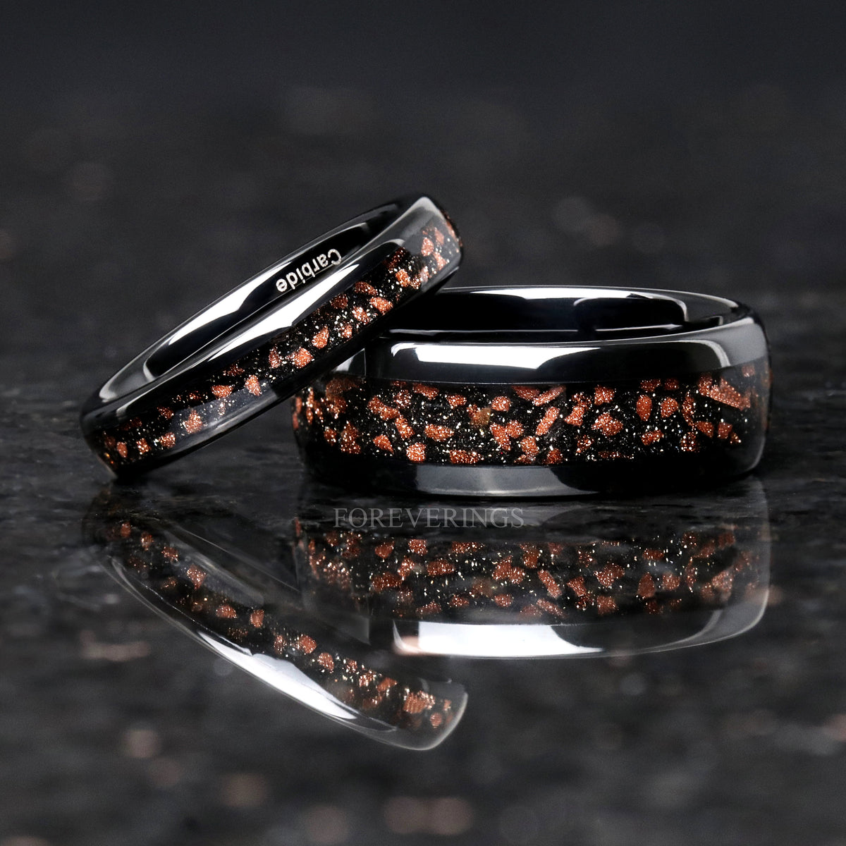 Red Goldstone Nebula Ring Set, His and Her Tungsten Wedding Band, 8mm & 4mm Black Ring, Outer Space Couples Ring, Polish, Dome, Comfort Fit