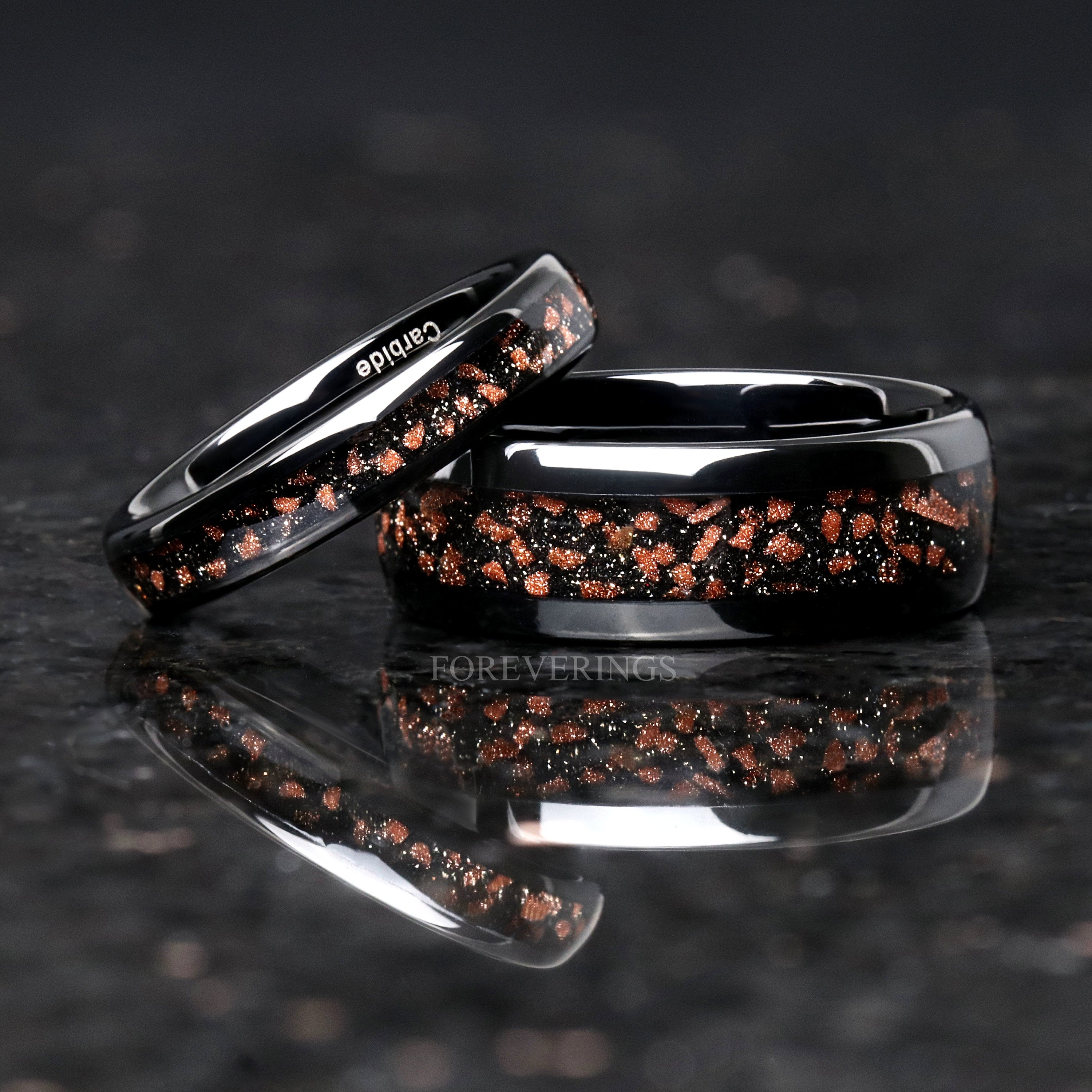 Red Goldstone Nebula Ring Set, His and Her Tungsten Wedding Band, 8mm & 4mm Black Ring, Outer Space Couples Ring, Polish, Dome, Comfort Fit