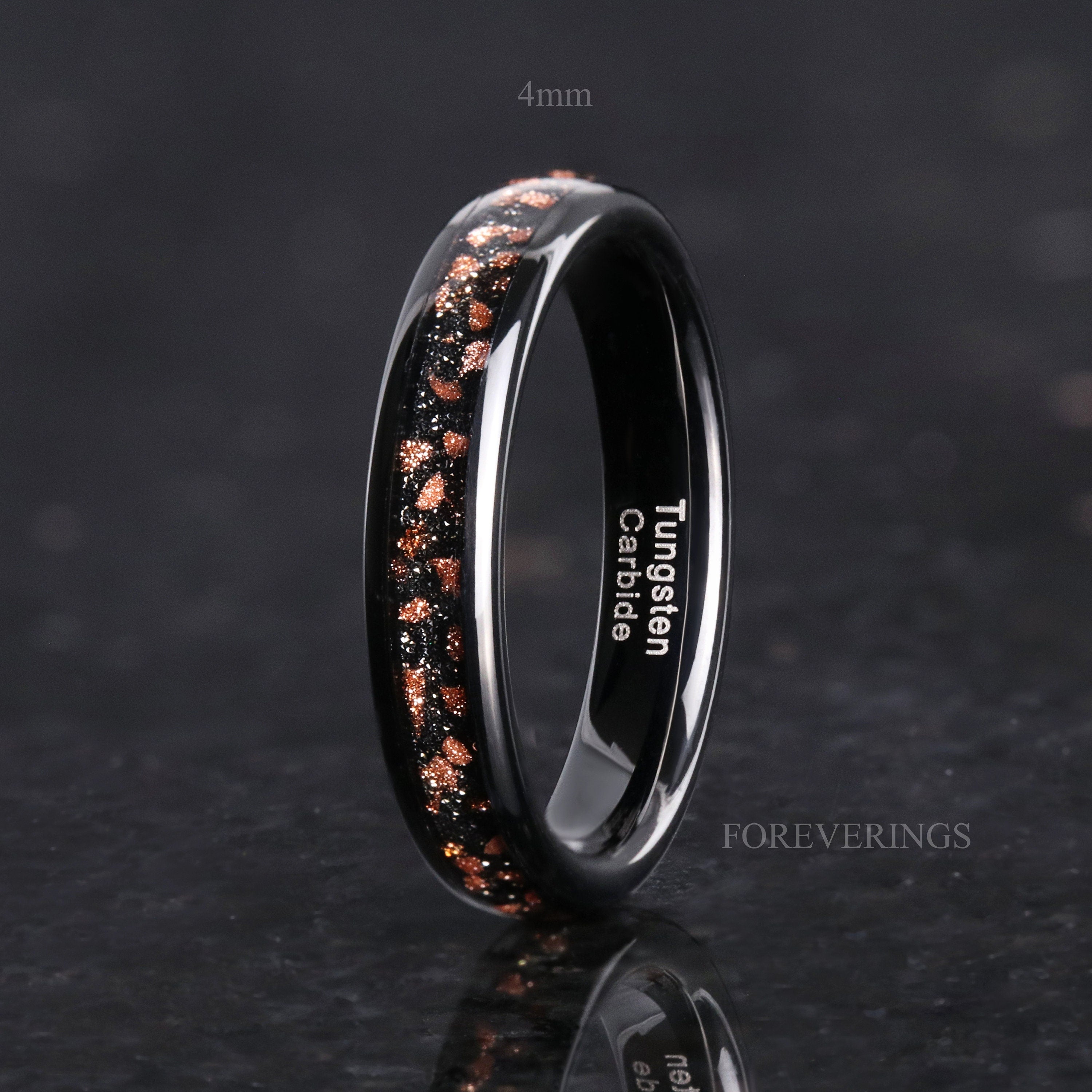 Red Goldstone Nebula Ring, Black Tungsten Ring, 8mm-6mm-4mm, Men Woman Wedding Band, Dome, Polish, Comfort Fit, Ring Engraving, Space Ring