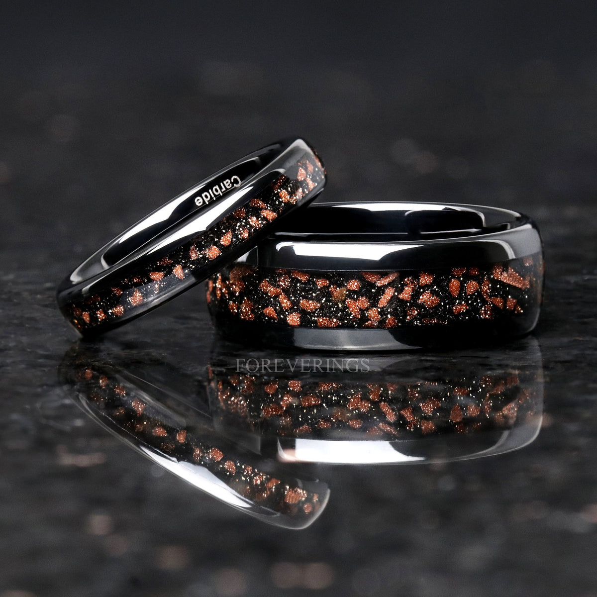 Red Goldstone Nebula Ring, Black Tungsten Ring, 8mm-6mm-4mm, Men Woman Wedding Band, Dome, Polish, Comfort Fit, Ring Engraving, Space Ring