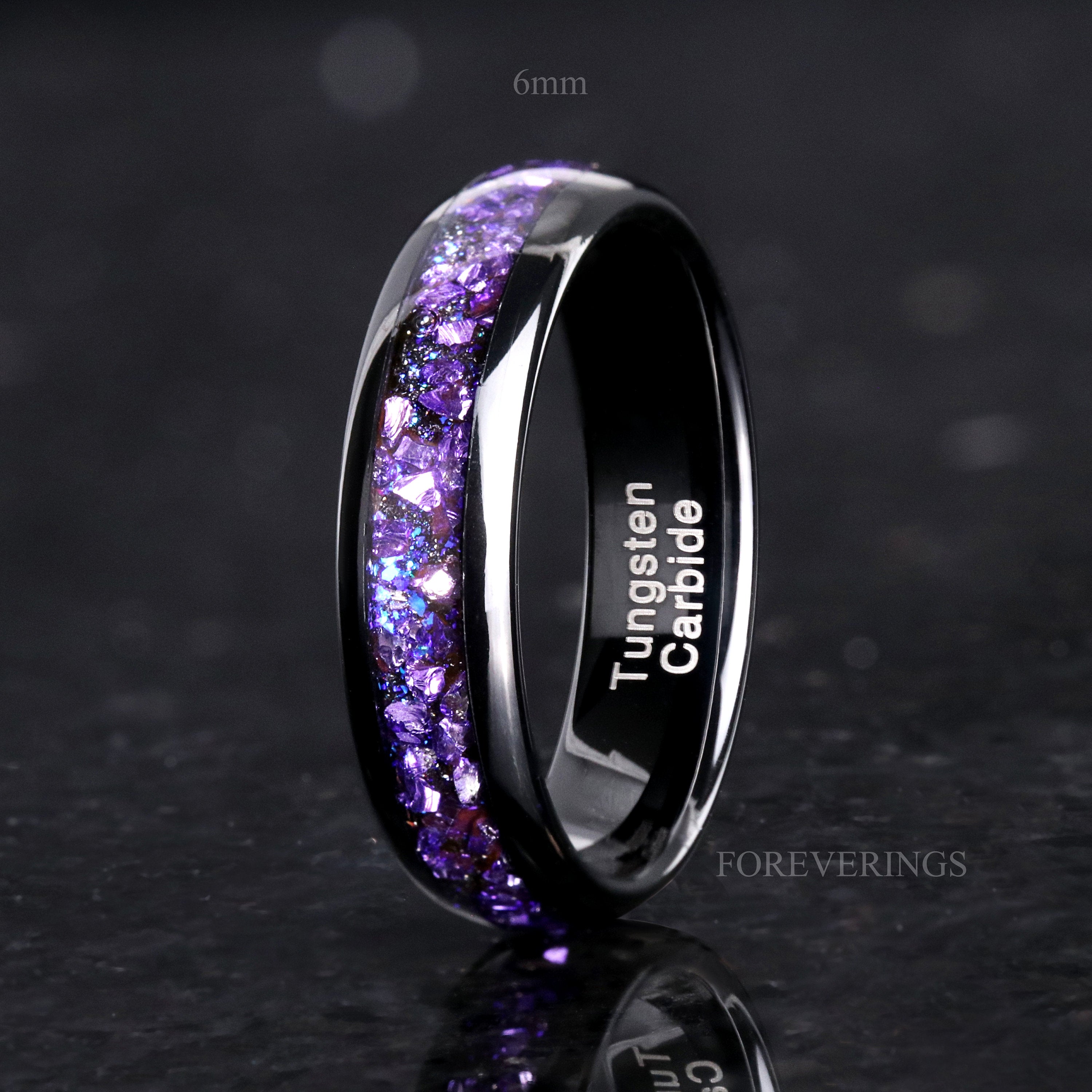 Crab Nebula Ring, Alexandrite Wedding Band, Black Tungsten, 8mm-6mm-4mm Outer Space Ring, Black, Dome, Polish, Unique Purple Ring, Engraving