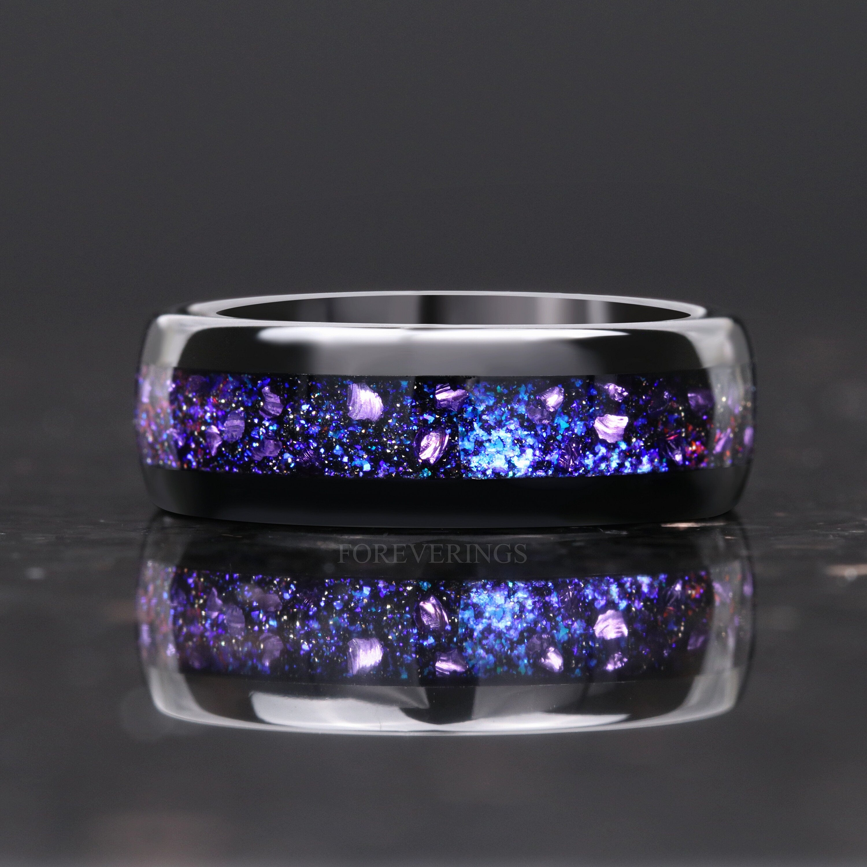 Crab Nebula Ring, Alexandrite Wedding Band, Black Tungsten, 8mm-6mm-4mm Outer Space Ring, Black, Dome, Polish, Unique Purple Ring, Engraving