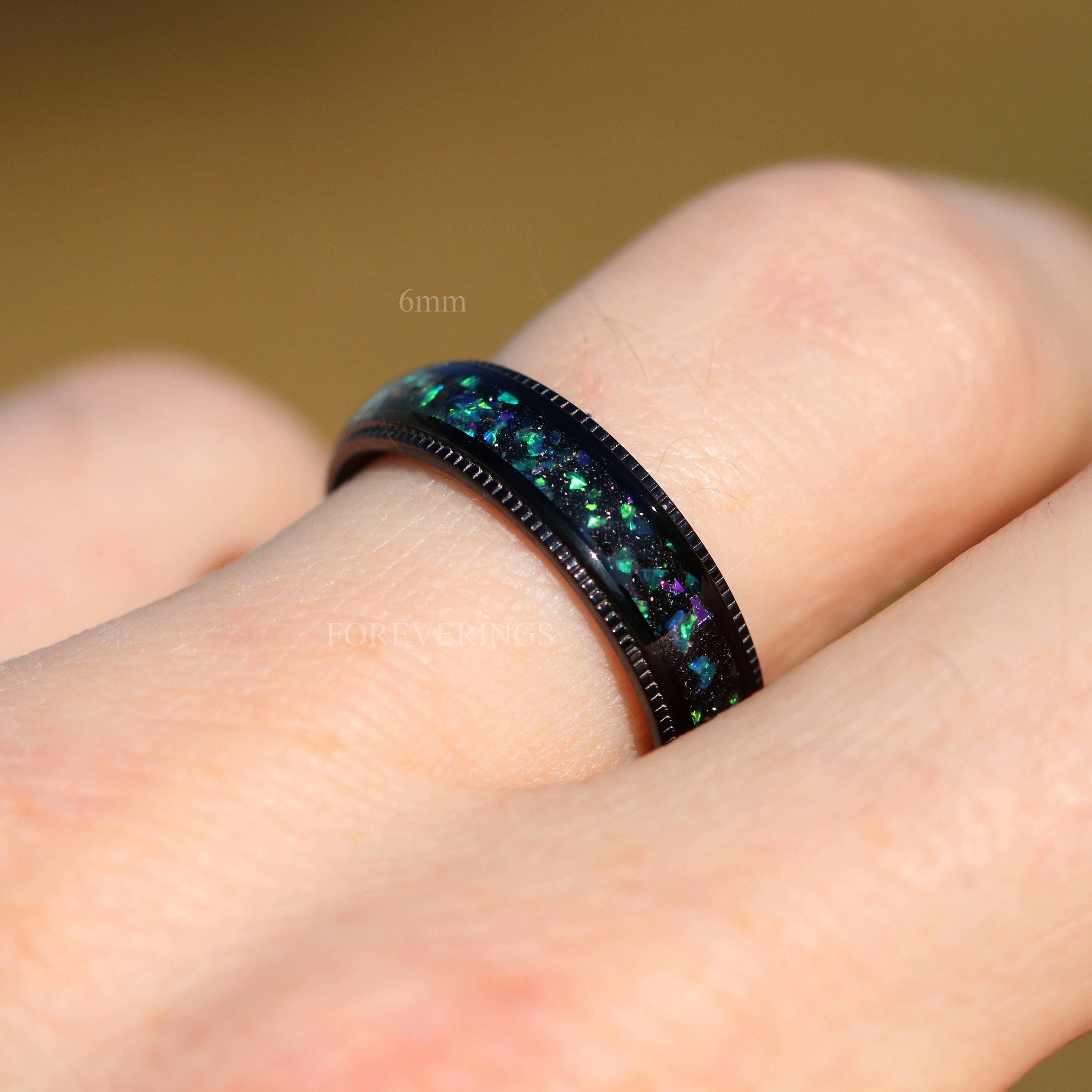 Mens Black Galaxy Opal Ring, Milgrain, Men Titanium Wedding Band, Black, Domed, Polished, Comfort Fit, Birthday Anniversary Gift for Him