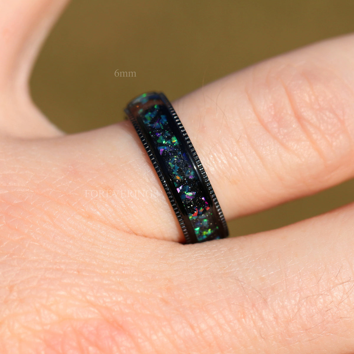 Galaxy Opal and Milgrain Black Titanium Ring | Mens Wedding Band