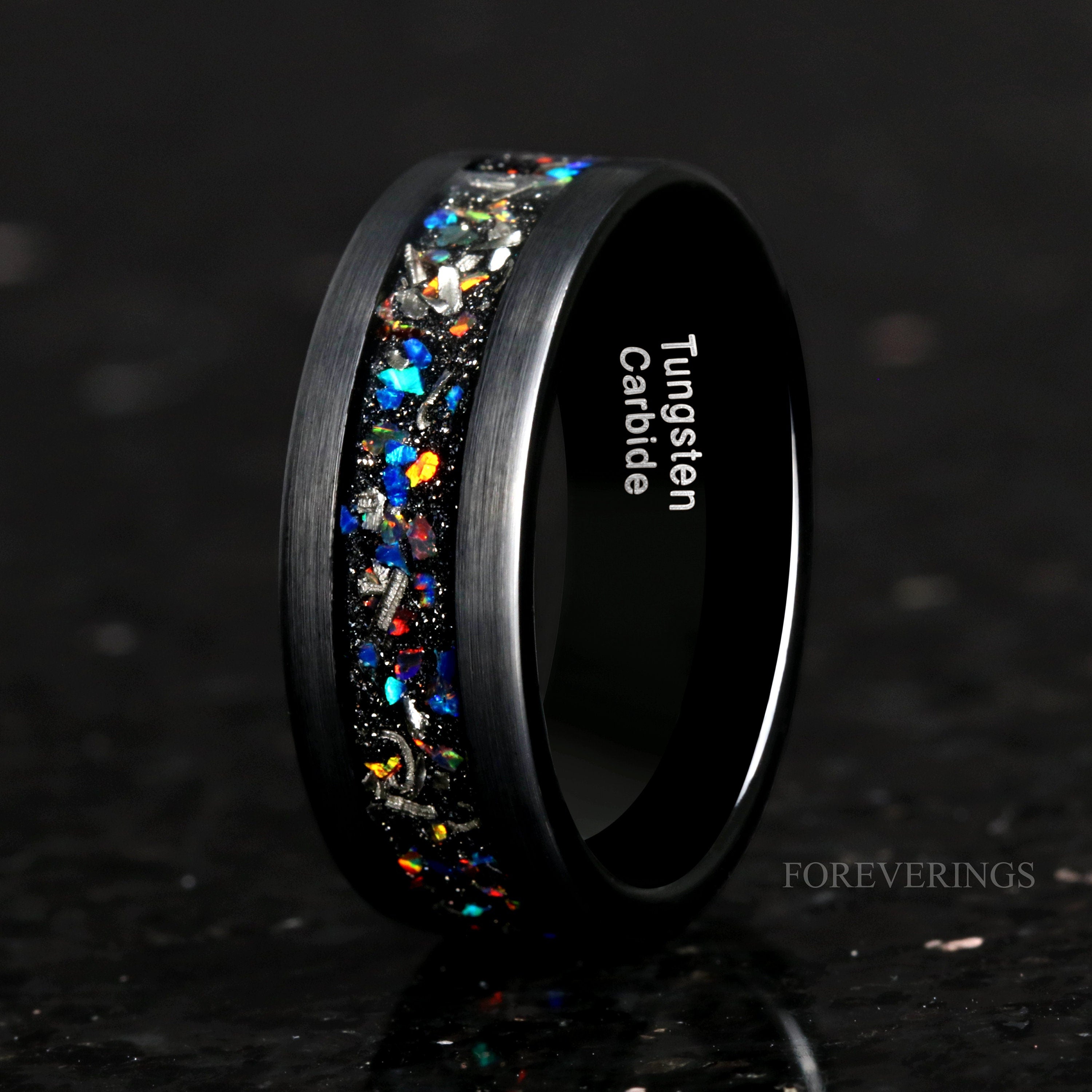 Mens Meteorite Opal Ring, Black Tungsten Ring, 8mm Mens Wedding Band, Smooth Matte Tungsten Ring, Unique Galaxy Opal Meteorite Wedding Band