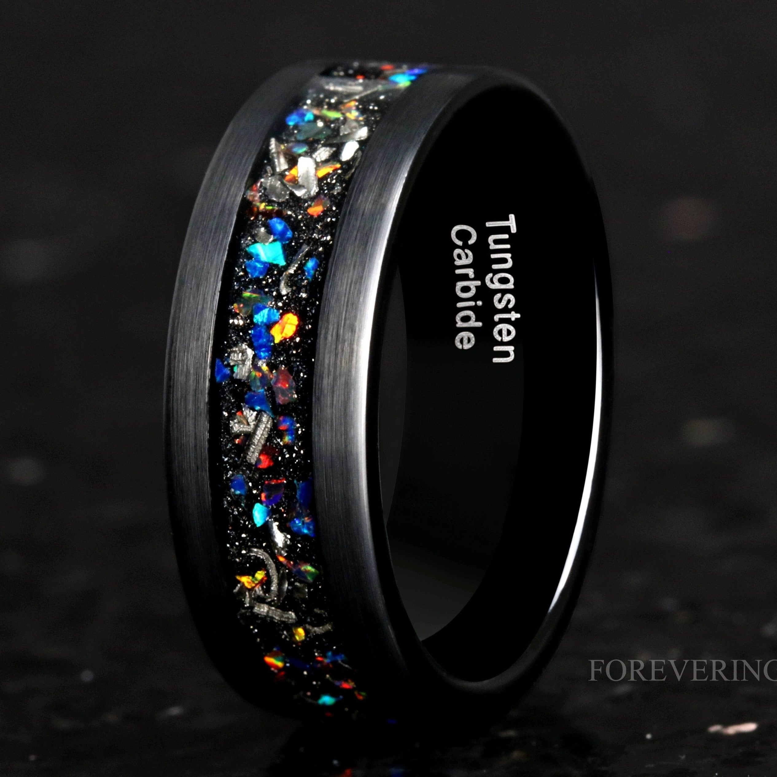 Mens Meteorite Opal Ring, Black Tungsten Ring, 8mm Mens Wedding Band, Smooth Matte Tungsten Ring, Unique Galaxy Opal Meteorite Wedding Band