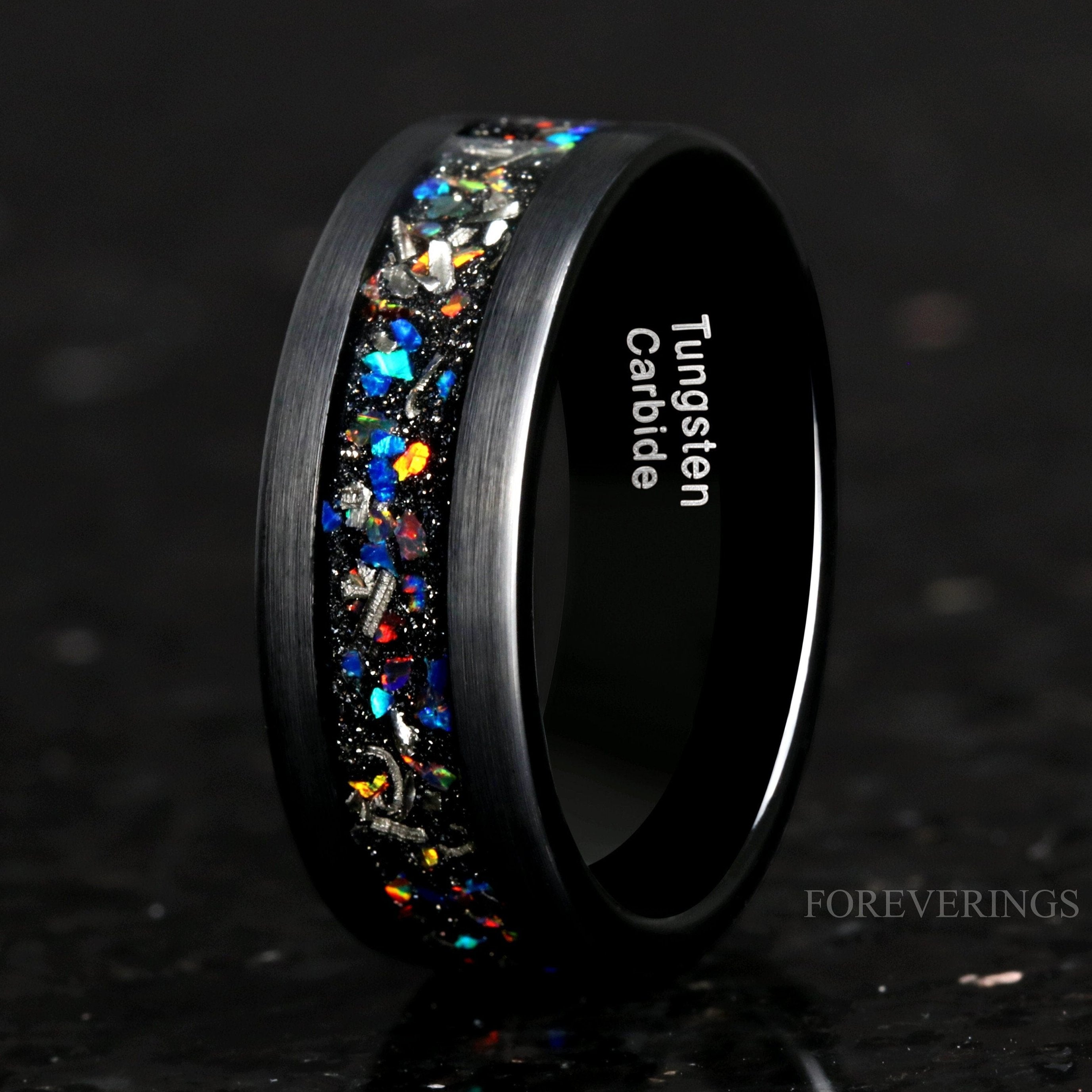 Mens Meteorite Opal Ring, Black Tungsten Ring, 8mm Mens Wedding Band, Smooth Matte Tungsten Ring, Unique Galaxy Opal Meteorite Wedding Band