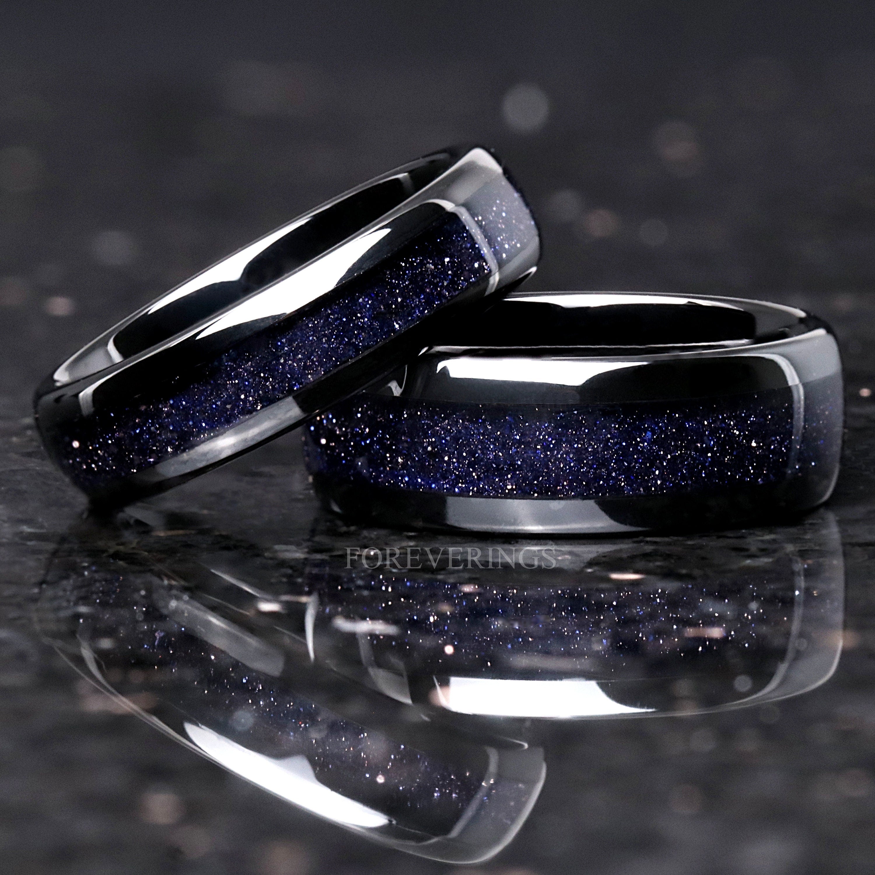 Great Rift Nebula Ring, Starry Night, Black Tungsten Wedding Band, 8mm-6mm-4mm, Dome, Polish, Space Ring, Blue Sandstone Band, Ring Engrave