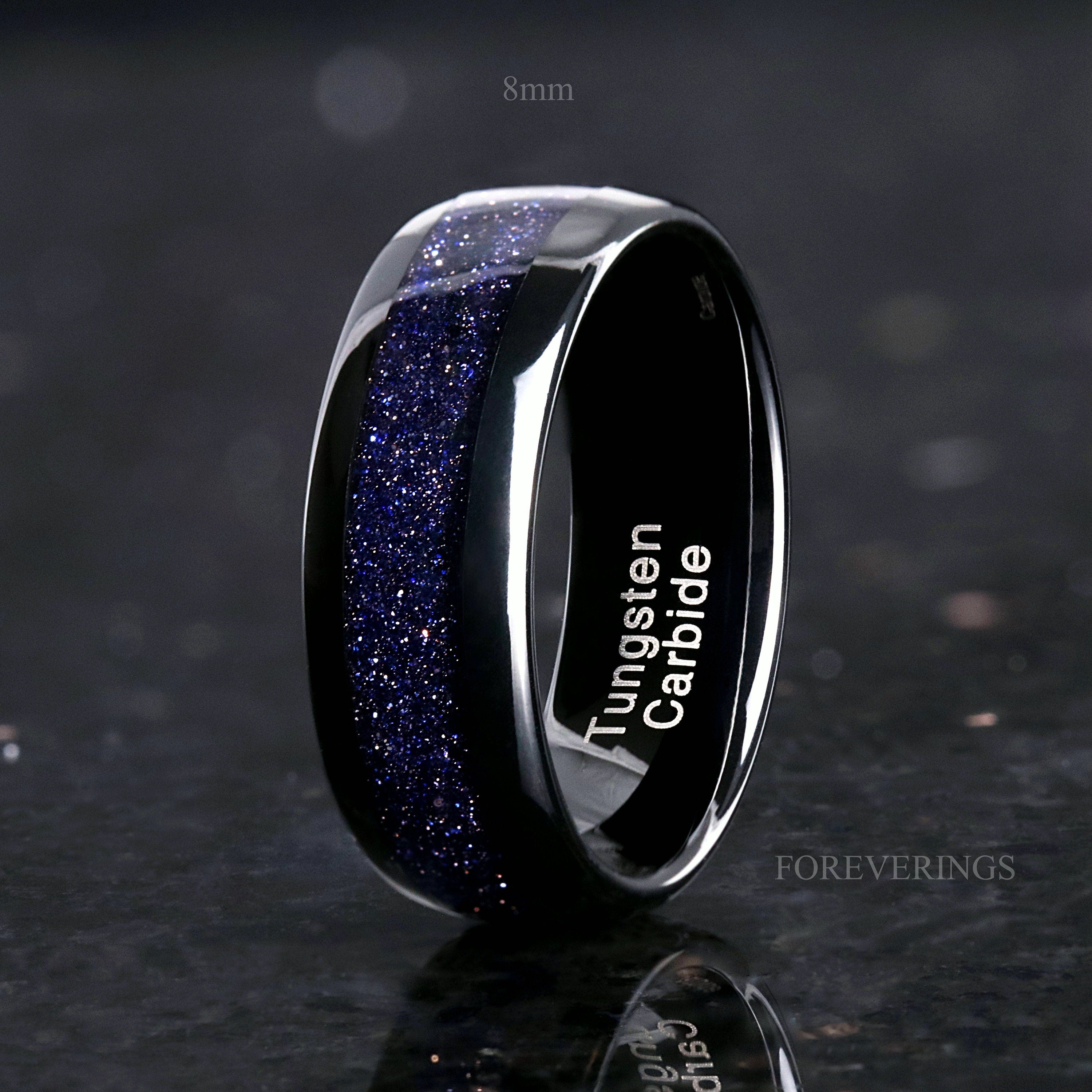 Great Rift Nebula Ring, Starry Night, Black Tungsten Wedding Band, 8mm-6mm-4mm, Dome, Polish, Space Ring, Blue Sandstone Band, Ring Engrave