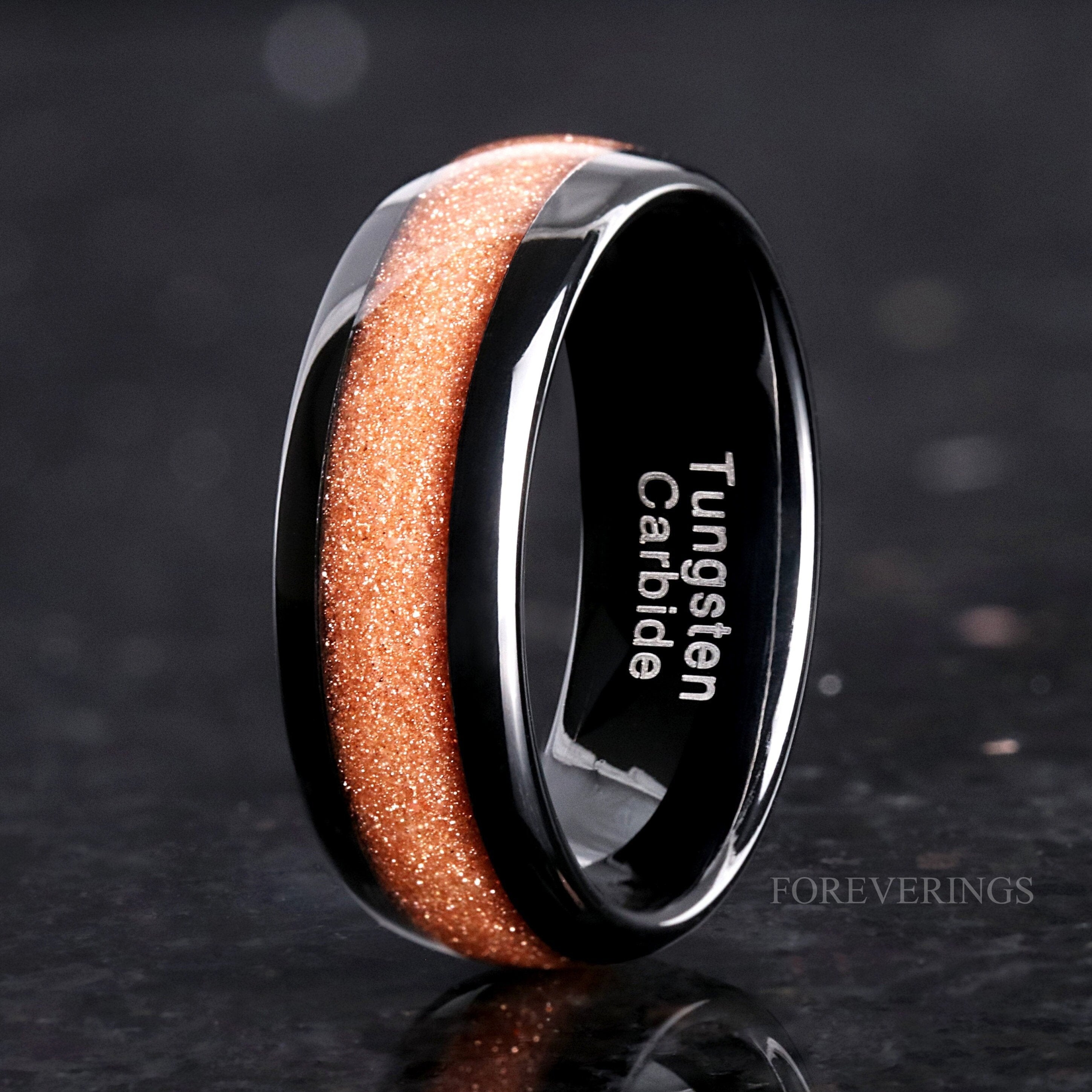 Carina Nebula Ring, Mens Wedding Band, Red Sandstone Ring, Goldstone Band, Black Tungsten Ring, Space Ring, Dome, Polish, Ring Engraving