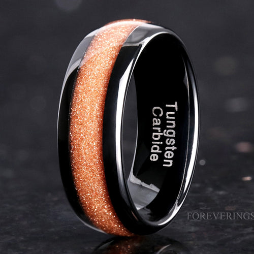Carina Nebula Ring, Mens Wedding Band, Red Sandstone Ring, Goldstone Band, Black Tungsten Ring, Space Ring, Dome, Polish, Ring Engraving