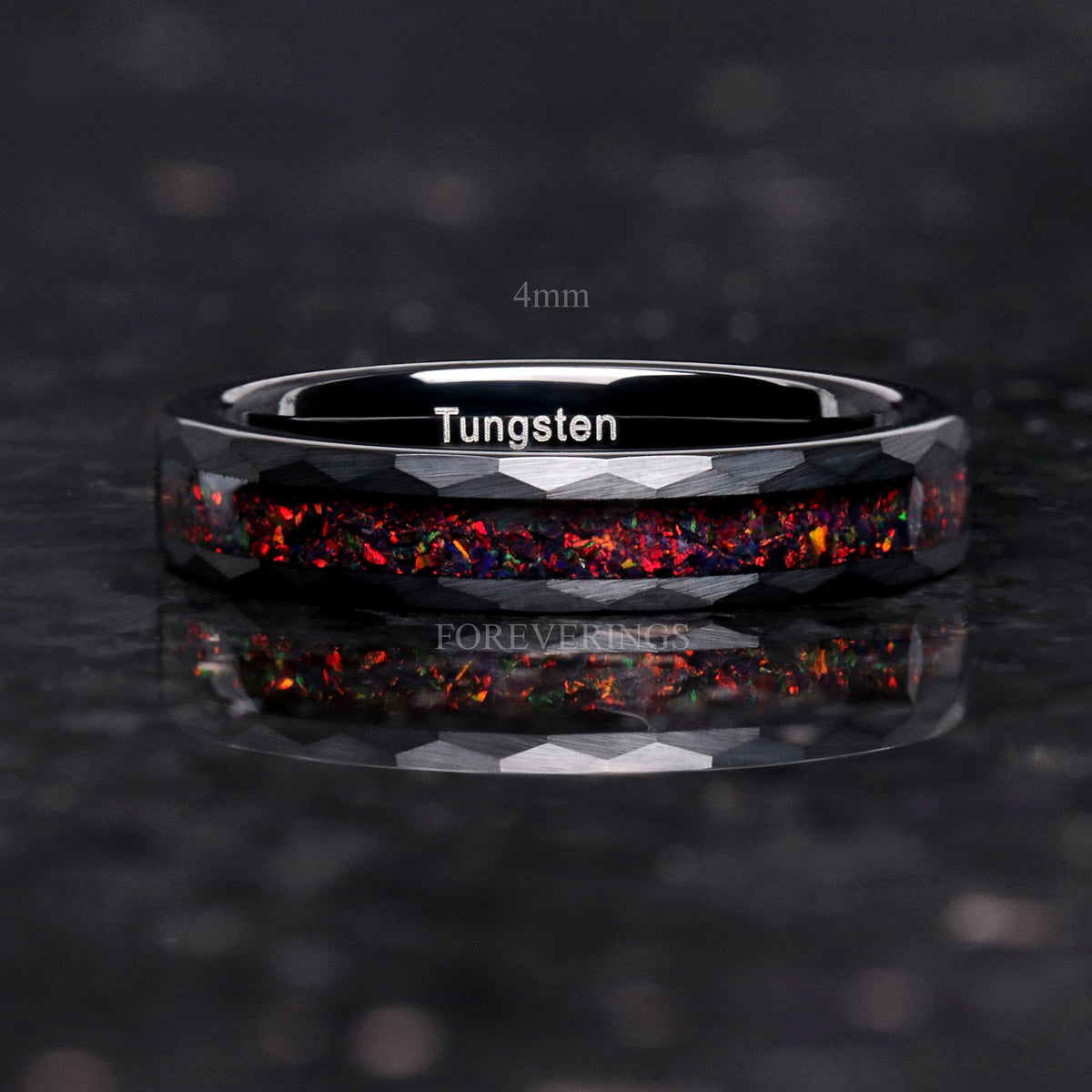 Hammered Black Fire Opal Inlay | Black Tungsten Wedding Band | 8mm 6mm 4mm