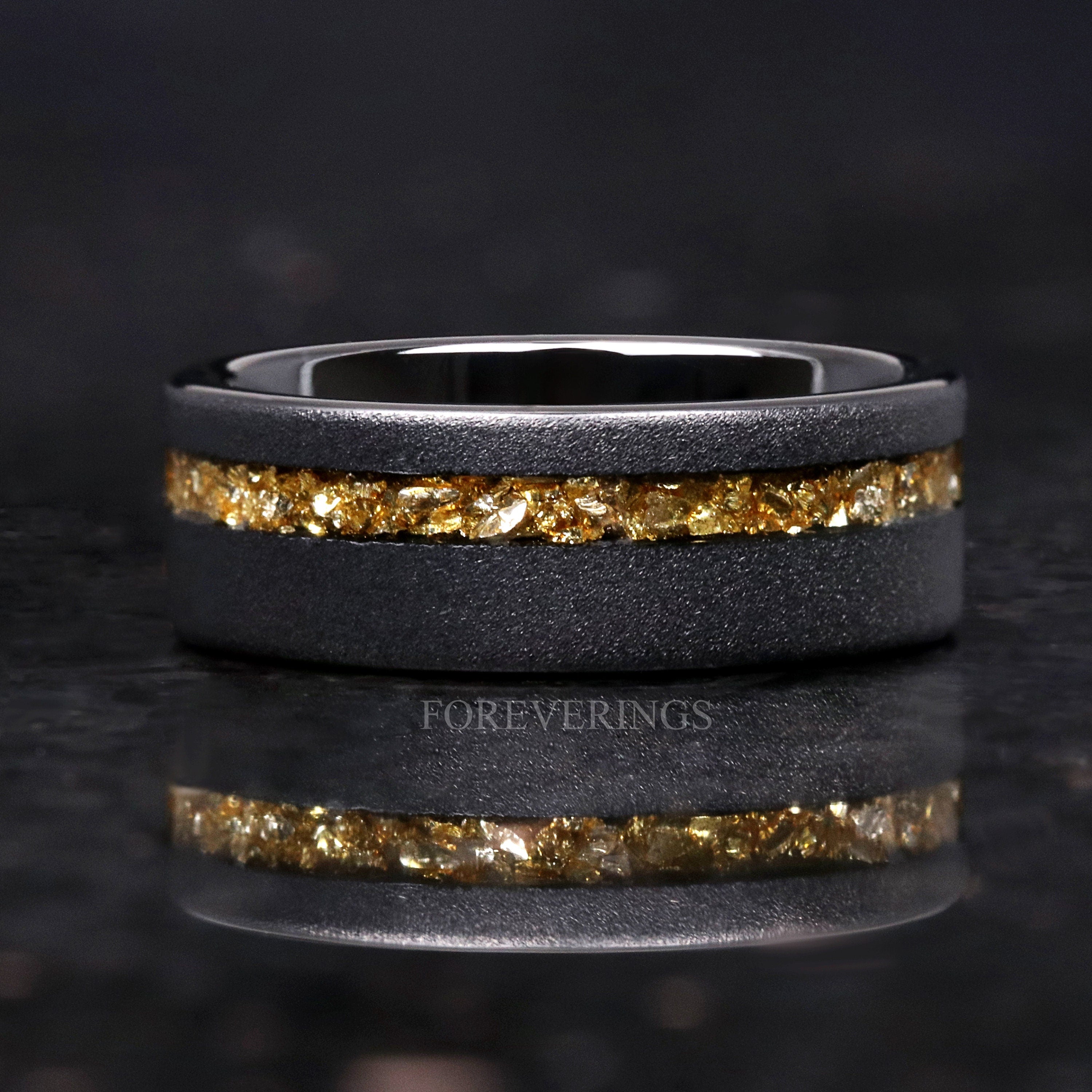 Crushed Citrine Ring, Men Wedding Band, Black Tungsten Ring, Citrine Ring for Him, Sandblasted, Flat, November Birthstone, Ring Engraving