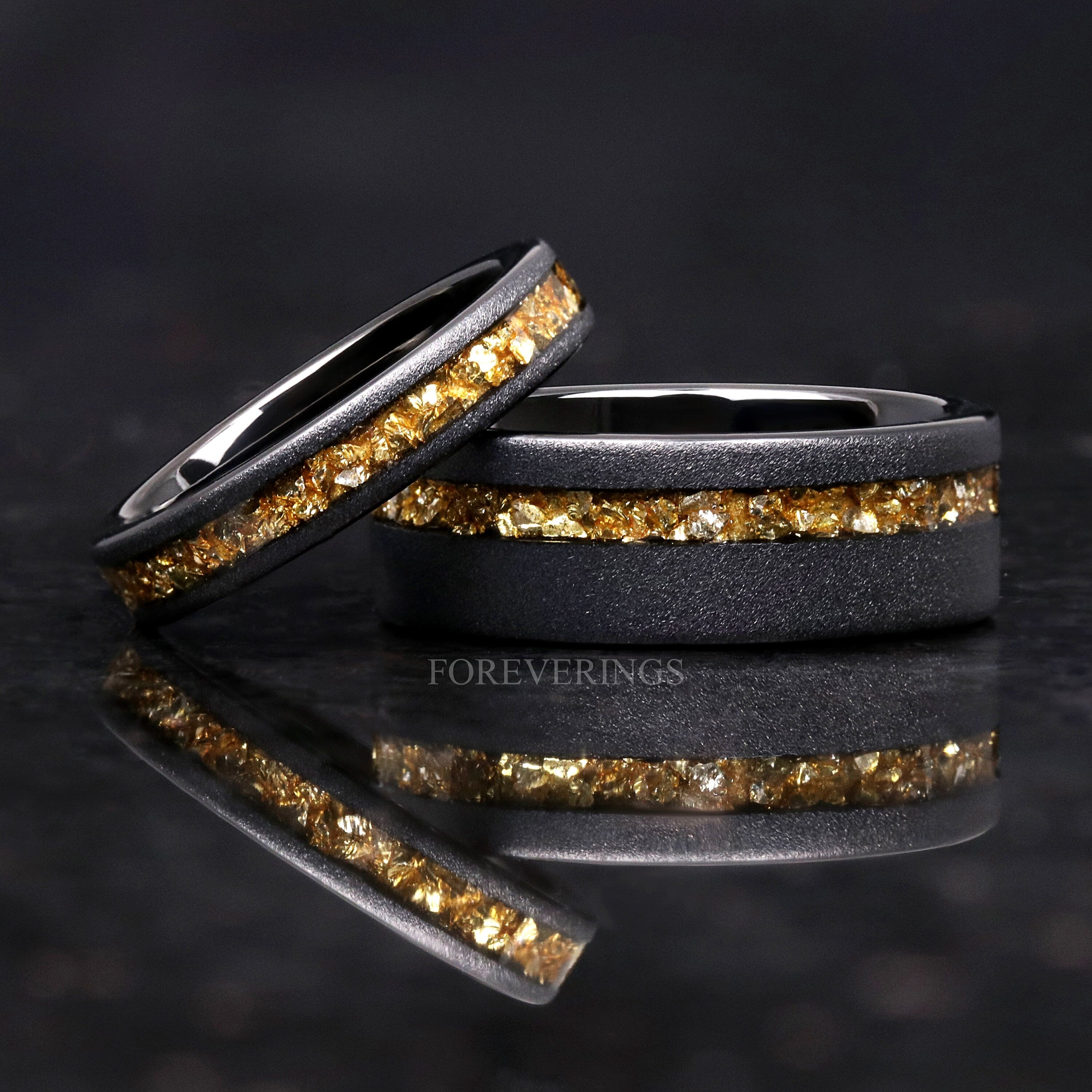 4mm Tungsten Wedding Band, Crushed Citrine Glass Stones, Black Ring, Citrine Ring, Women Men Ring, Sandblasted, Flat, Comfort Fit