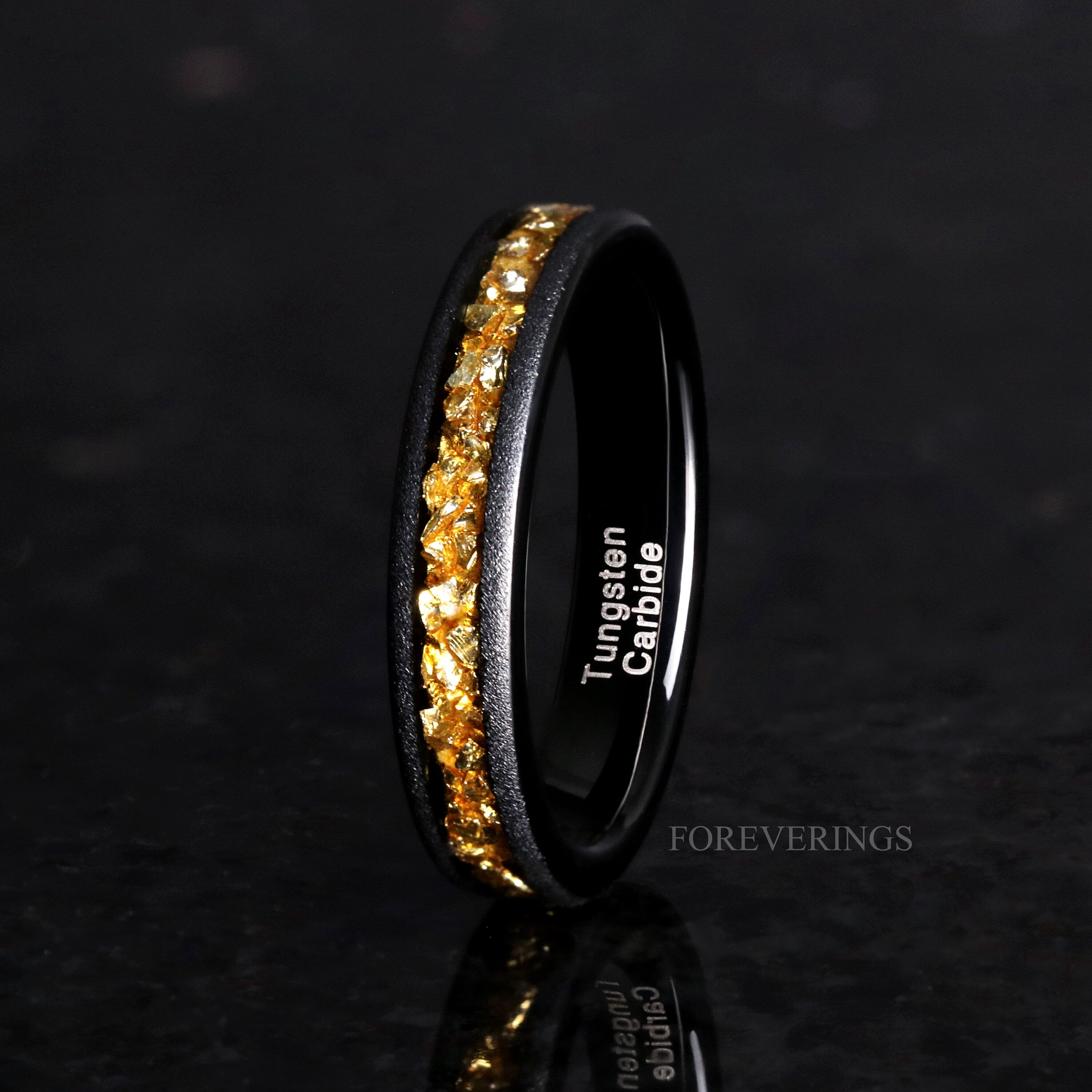 4mm Tungsten Wedding Band, Crushed Citrine Glass Stones, Black Ring, Citrine Ring, Women Men Ring, Sandblasted, Flat, Comfort Fit