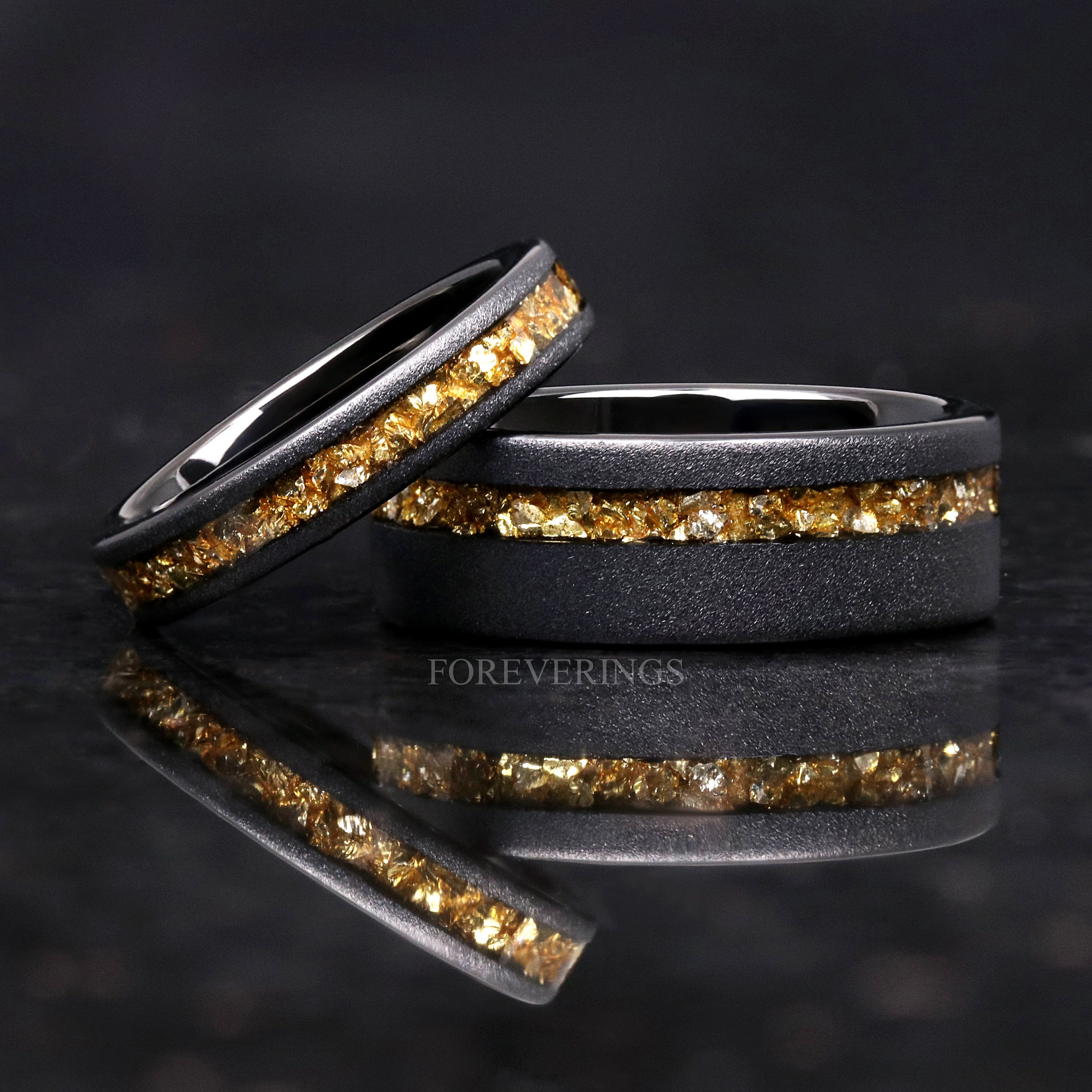 His and Hers Tungsten Wedding Band, 8mm & 4mm Black Tungsten Ring Set, Citrine Glass Stones, Flat, Sandblasted, Comfort Fit