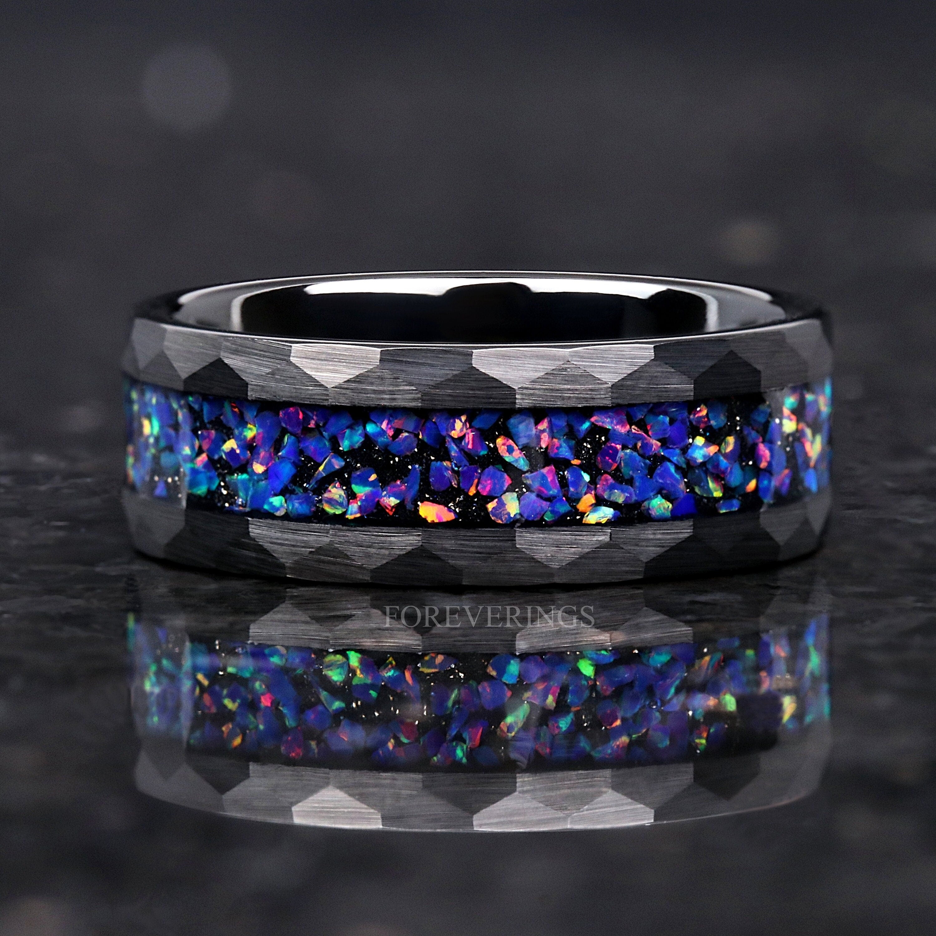 Black Hammered Ring with Starry Night Van Gogh Opal, 8mm Mens Wedding Band, Hammered Matte Black Ring, Unique Faceted Custom Engraved Ring